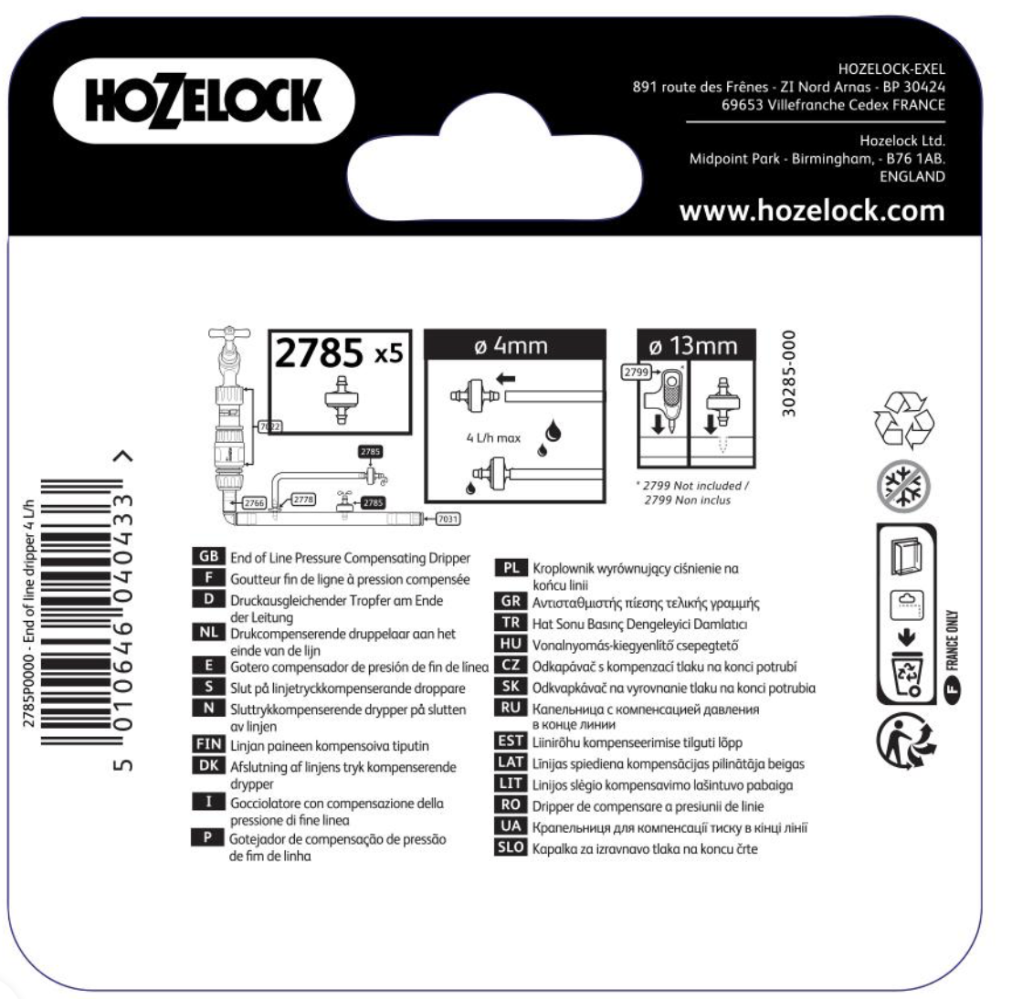 Hozelock 2785 End of Line Dripper 4lph 4mm Pipe - Pack of 5