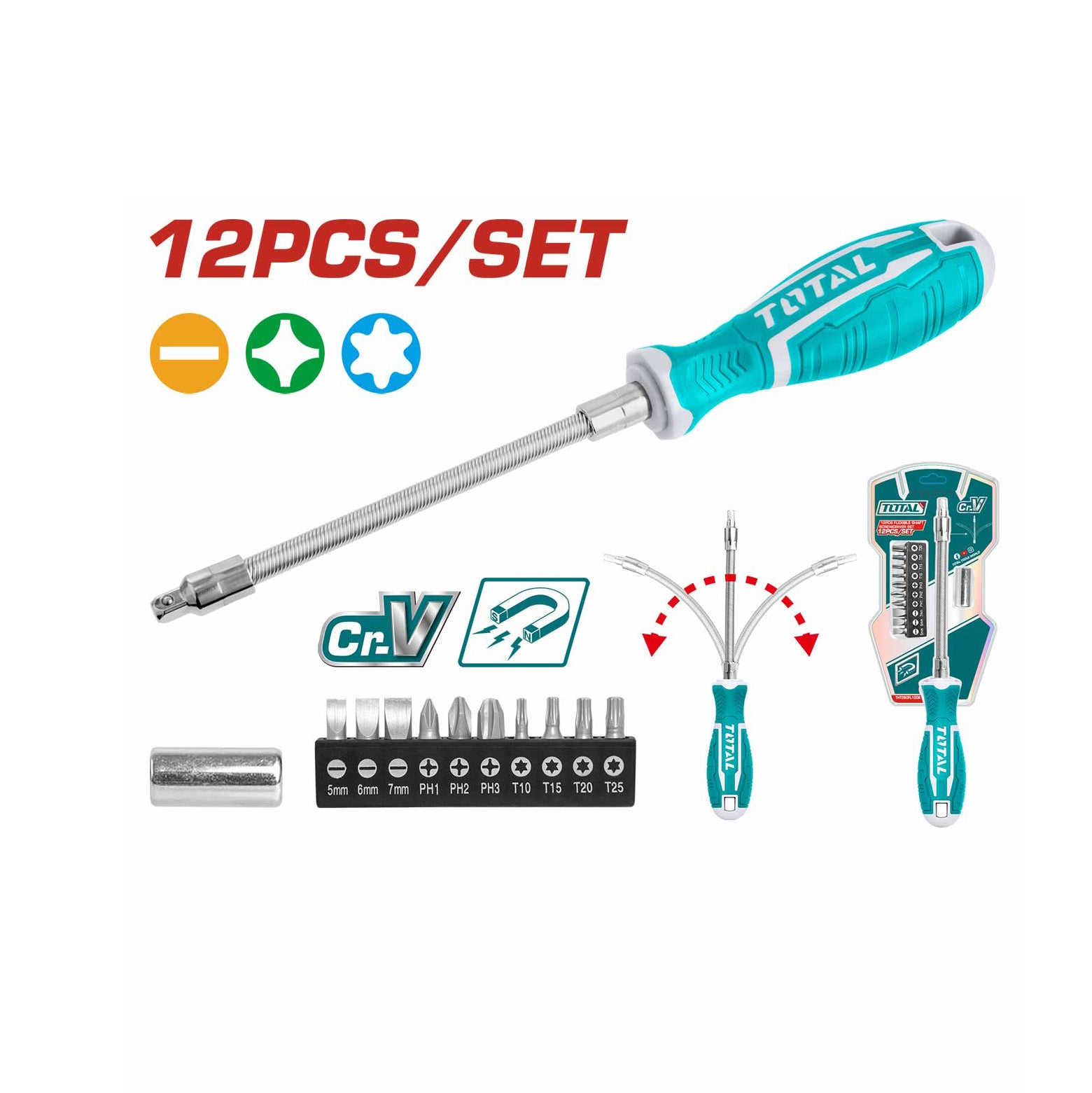 Total Flexible Shaft Screwdriver Set - 12pcs - THT250FL1206