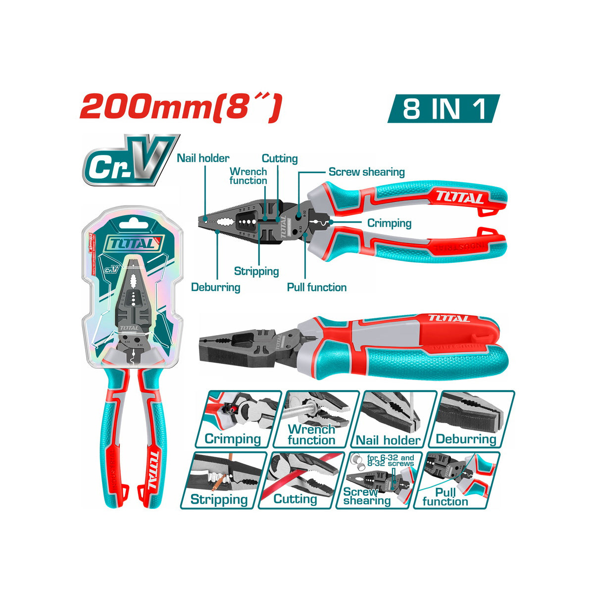 Total 8-In-1 Multi Function Combination Pliers - 200mm - THTMF186