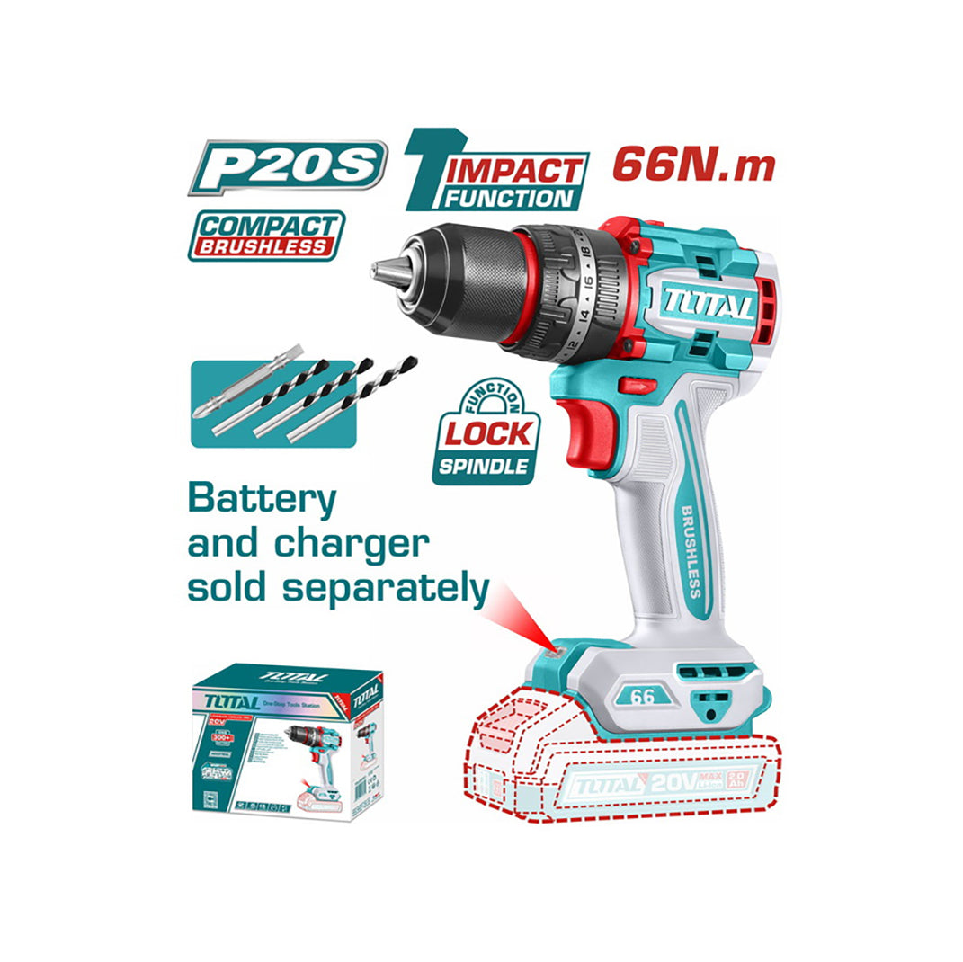 Total Li-Ion 20V Compact Brushless Cordless Impact Drill (Battery not included) - TIDLI206681