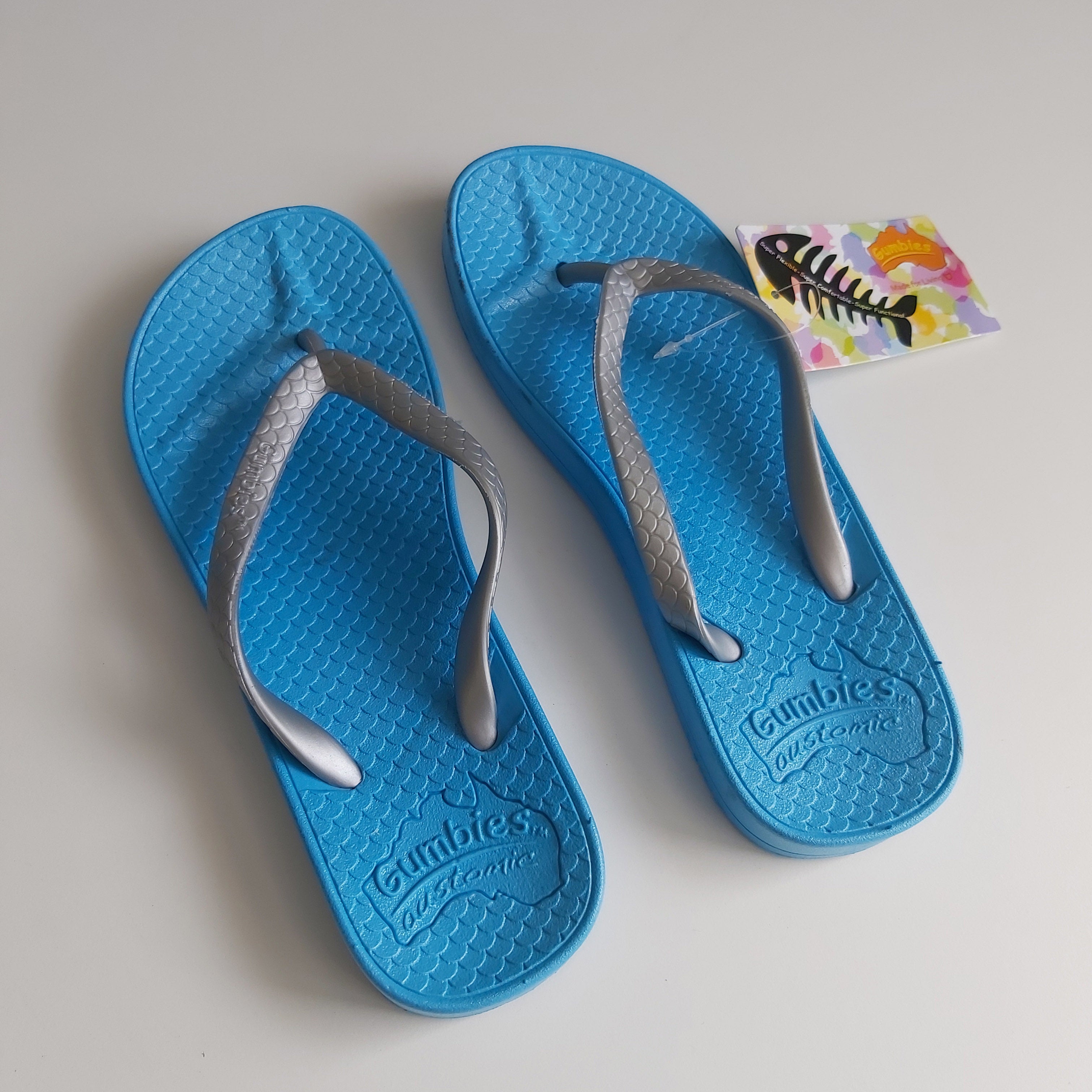 Gumbies Flip Flops - Aqua Blue with Silver Strap UK Size 2/3