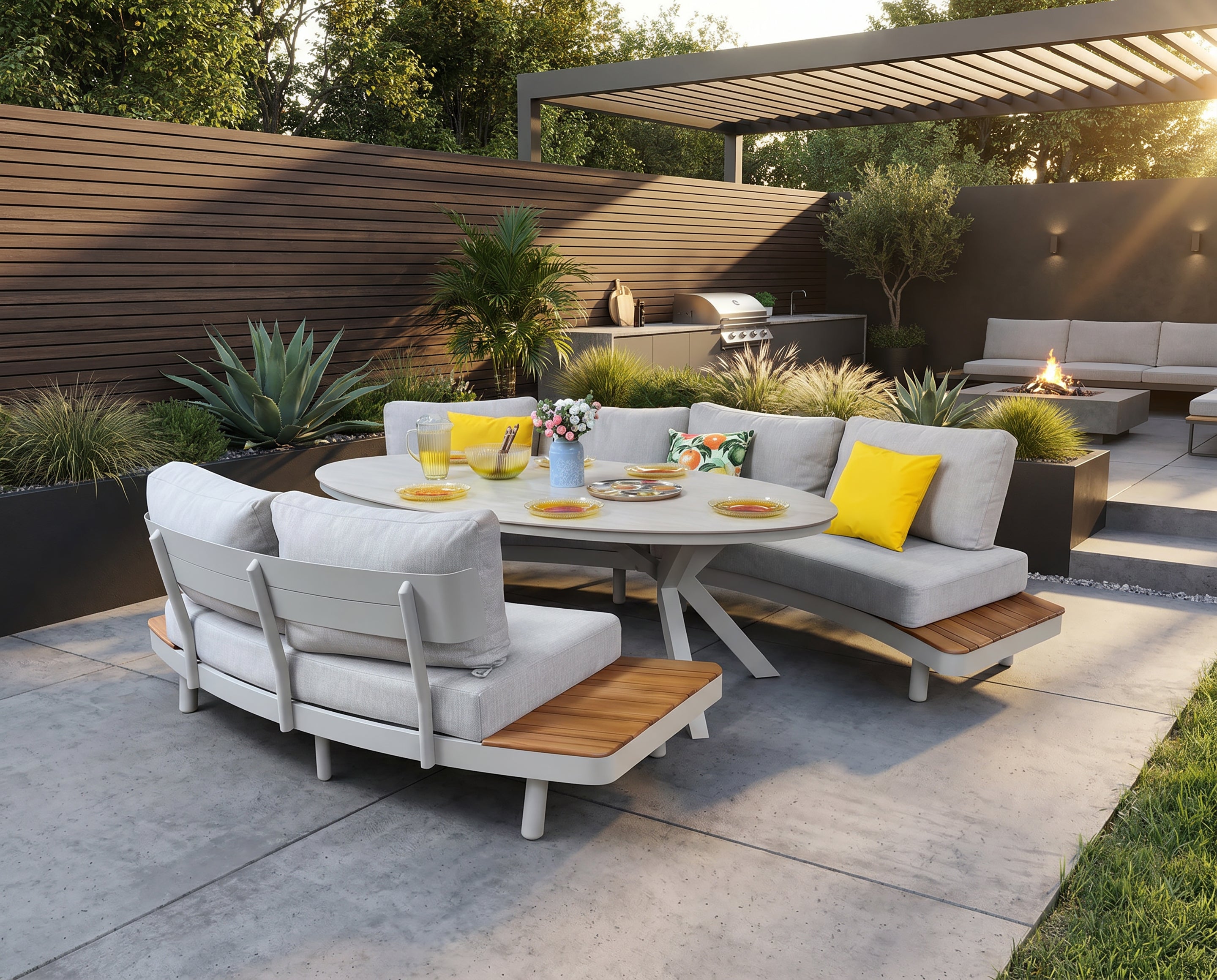 Canaria Oval Lounge Set includes 4-Seater Curved Sofa, 2-Seater Curved Sofa and Oval Table