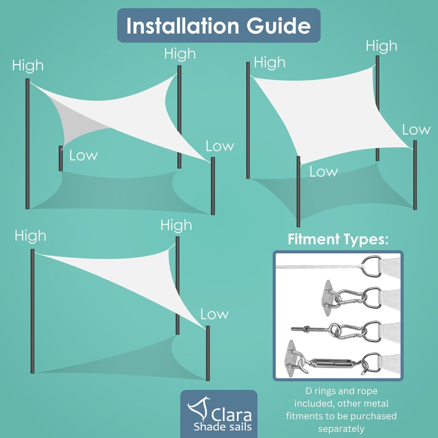 Clara - 3.6m Square Sun Shade Sail for Conservatory, Pergola, Patio, Gazebo, Tent, Garden Awning - White