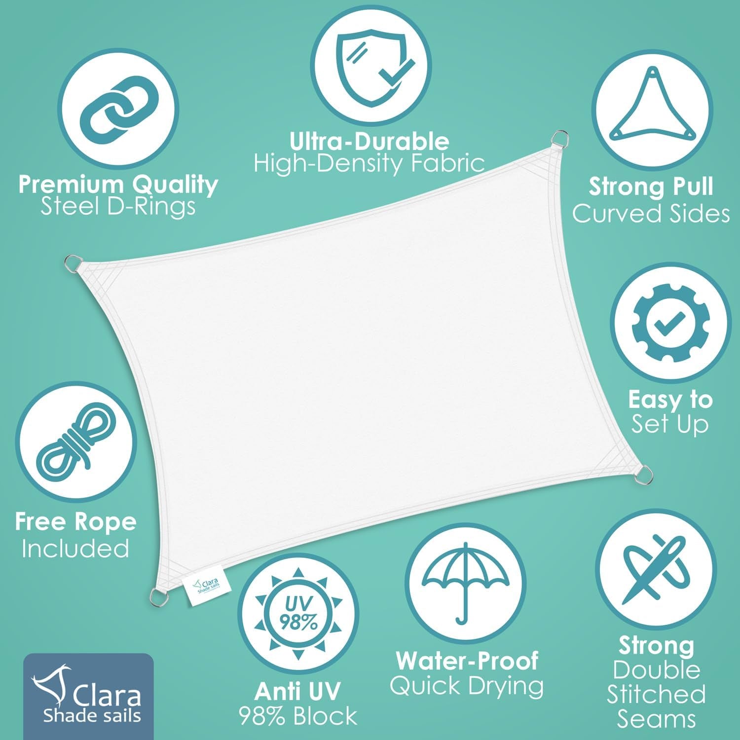 Clara - 3.6m Square Sun Shade Sail for Conservatory, Pergola, Patio, Gazebo, Tent, Garden Awning - White