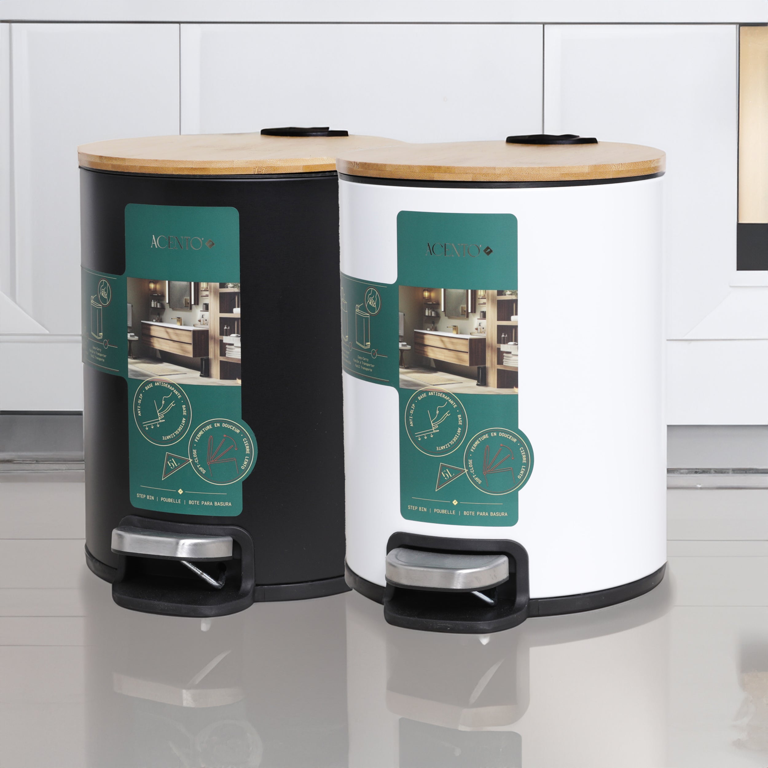 MooreField Soft Close Step Bin - round with wooden top