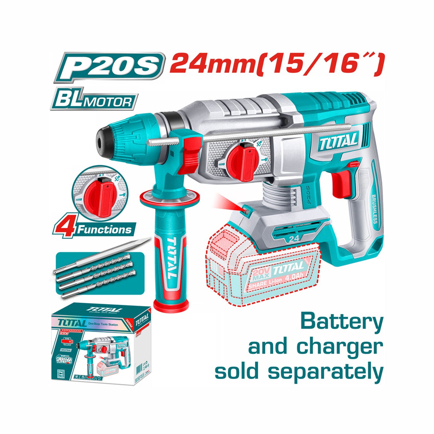 Total Li-Ion 20V Cordless Rotary Hammer SDS Plus (Battery not included) - TRHLI20248