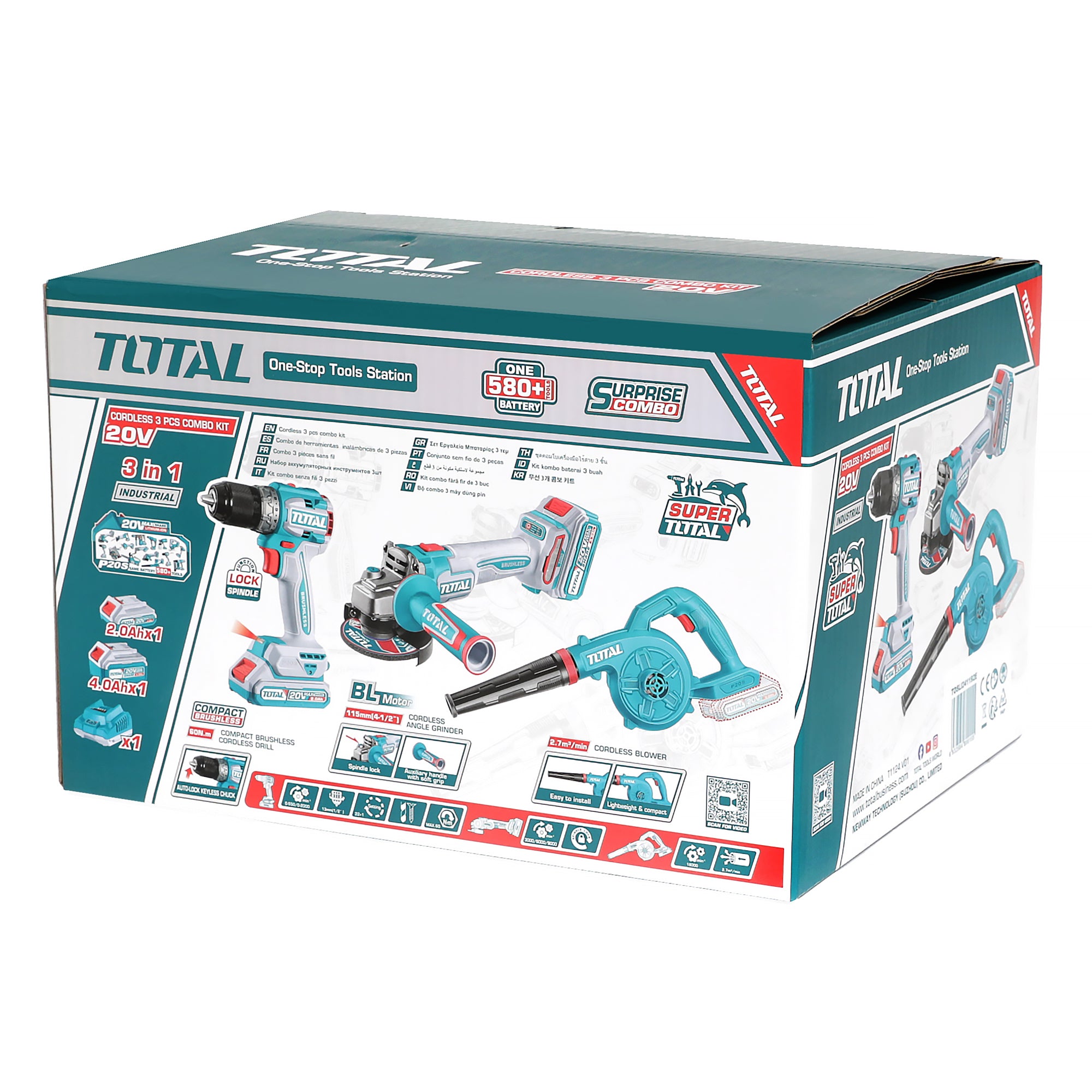 Total Li-Ion 20V Cordless 3pc Combo Kit (with 2 x Batteries & Charger) - TOSLI241192E