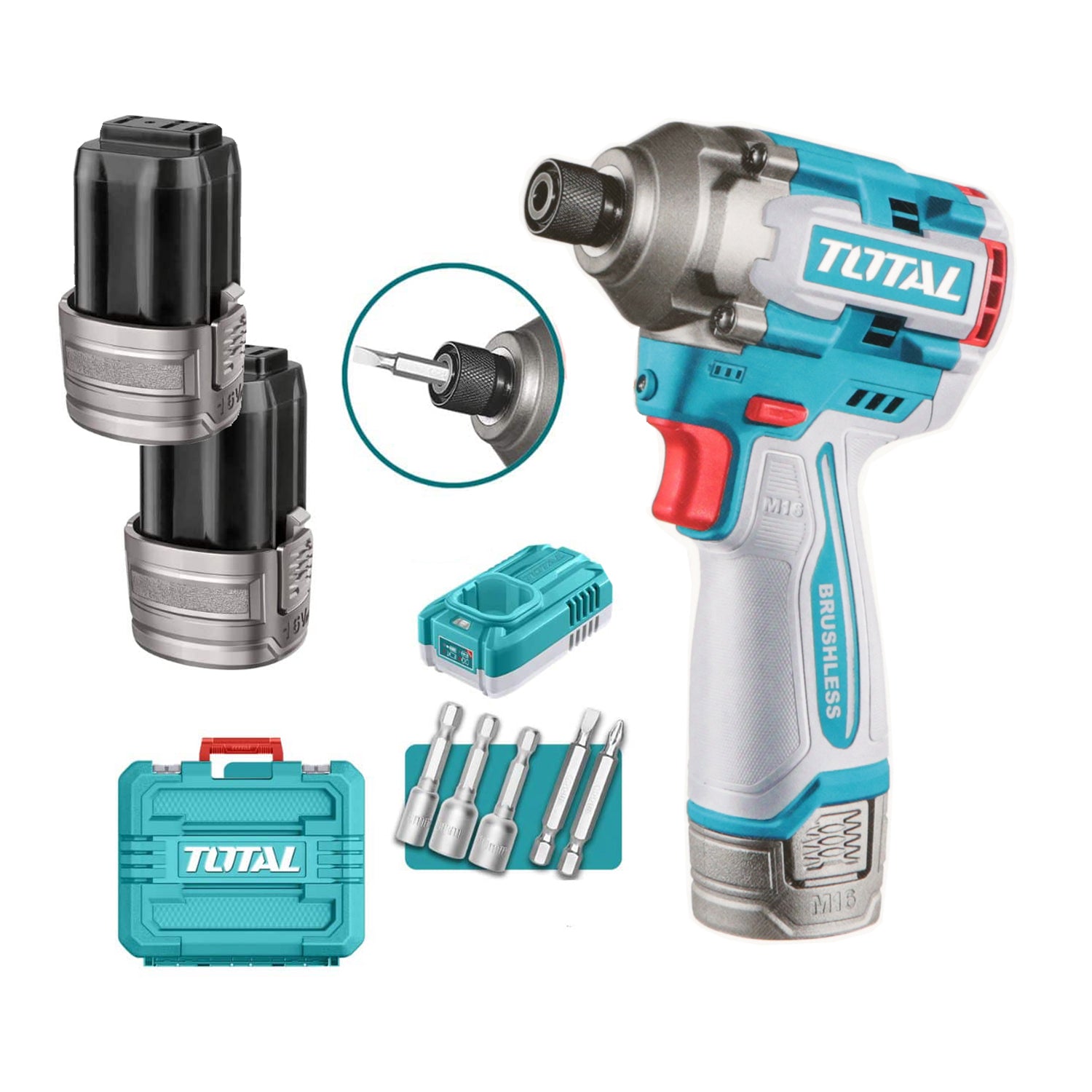 Total Li-Ion 16V Compact Brushless Cordless Impact Driver (with 2 x Batteries & Charger) - TIRLI16178E