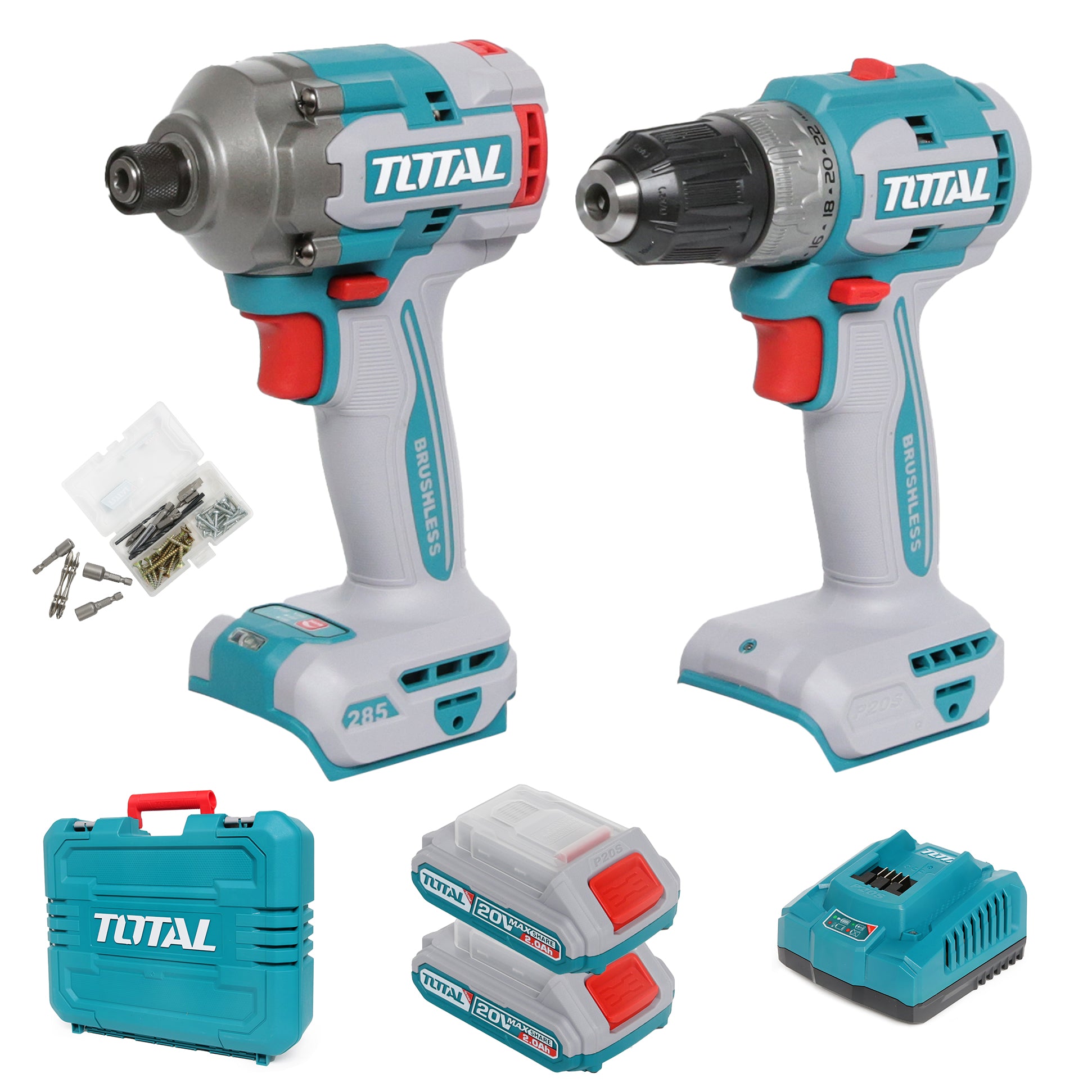 Total Li-Ion 20V Cordless 2pc Combo Kit (with 2 x Batteries & Charger) - TCKLI20272E