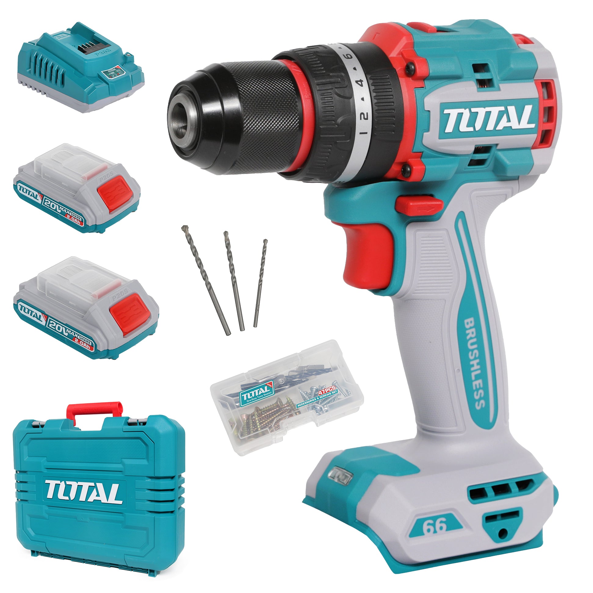 Total Li-Ion 20V Compact Brushless Impact Drill (with 2 x Batteries & Charger) - TIDLI20668E