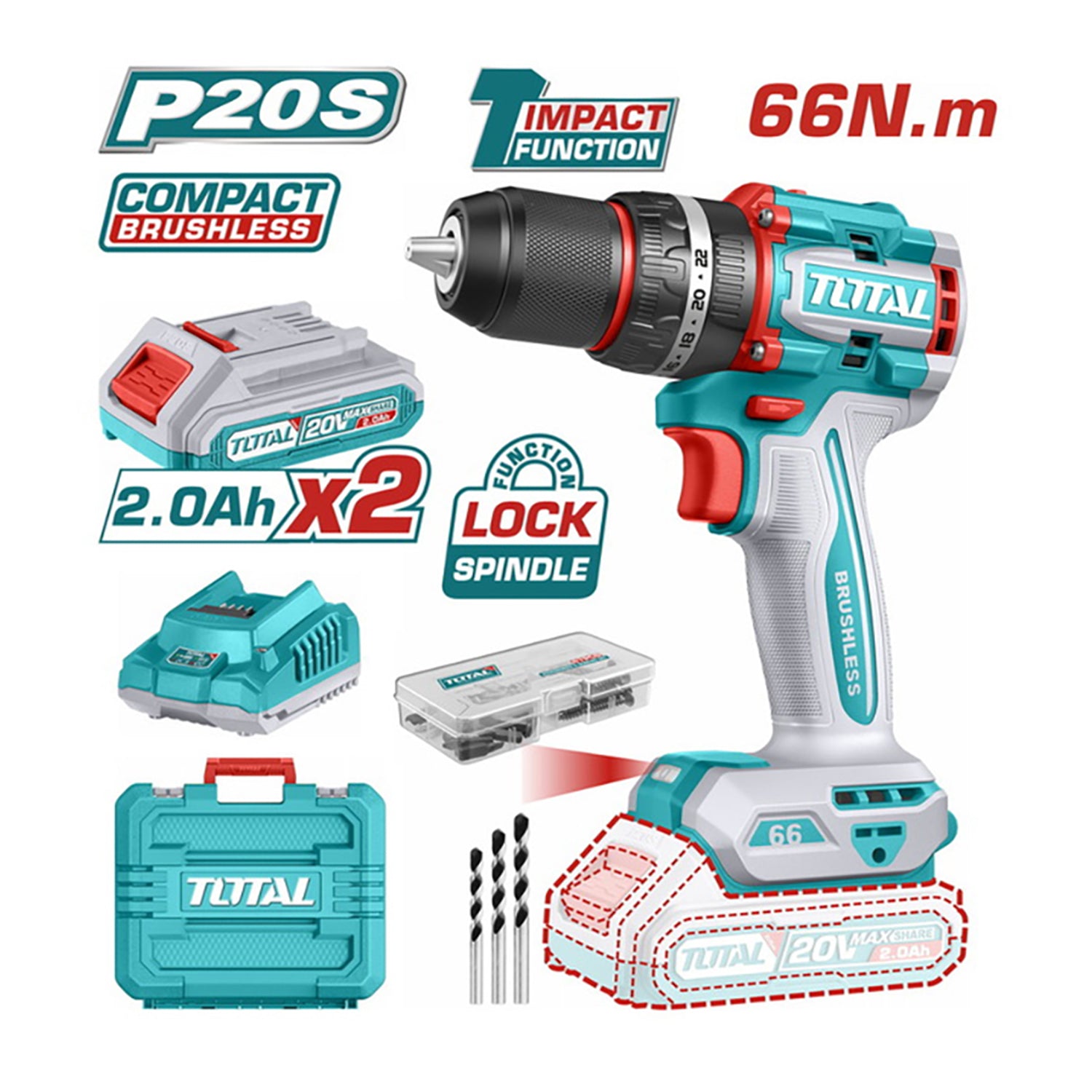 Total Li-Ion 20V Compact Brushless Impact Drill (with 2 x Batteries & Charger) - TIDLI20668E