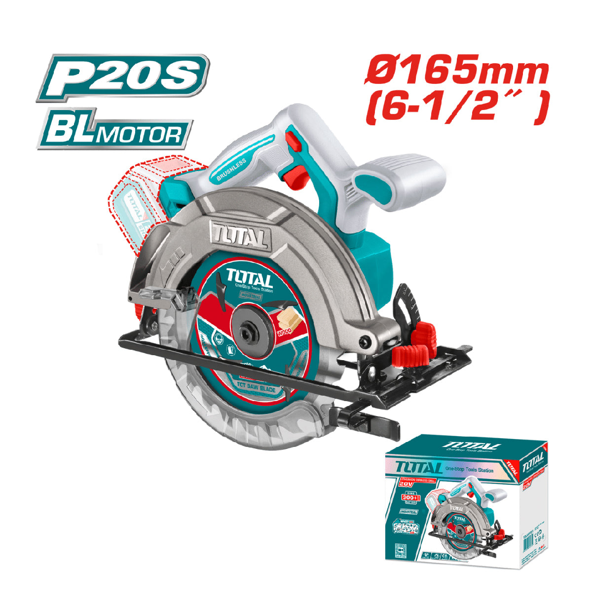 Total Li-Ion 20V Cordless Circular Saw 165mm (Battery Not Included) - TSLI1652