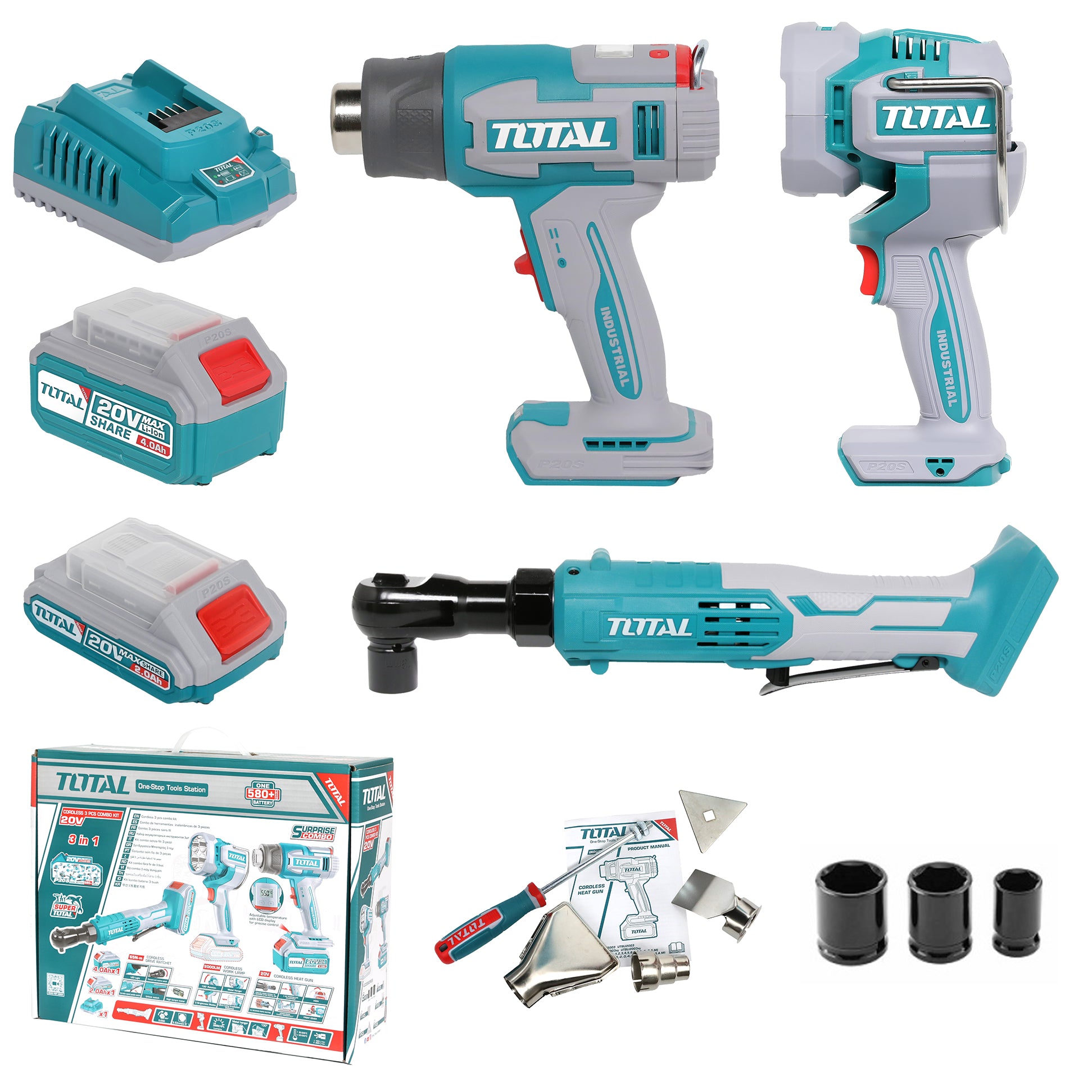 Total Li-Ion 20V Cordless 3pc Combo Kit (with 2 x Batteries & Charger) - TOSLI241196E