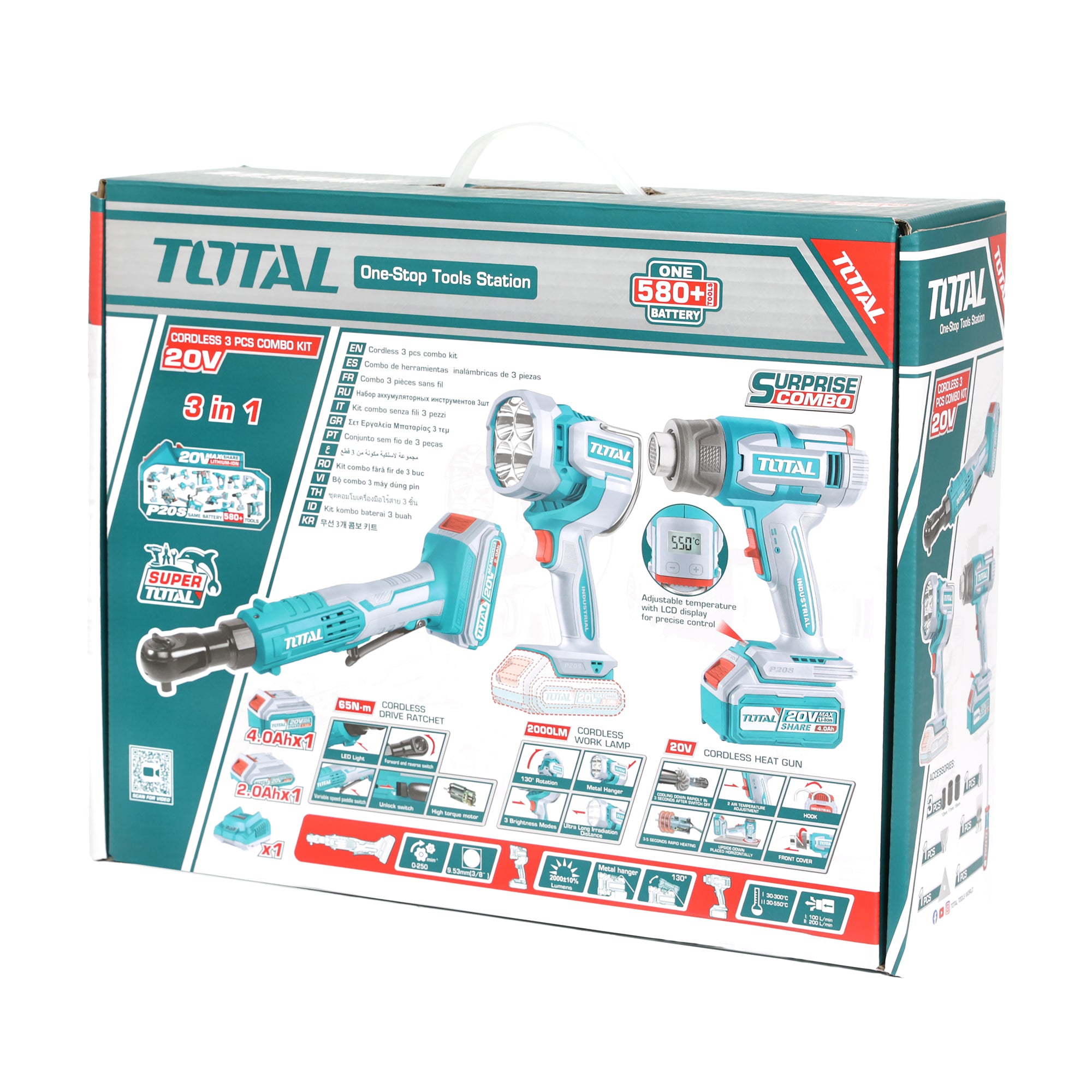 Total Li-Ion 20V Cordless 3pc Combo Kit (with 2 x Batteries & Charger) - TOSLI241196E