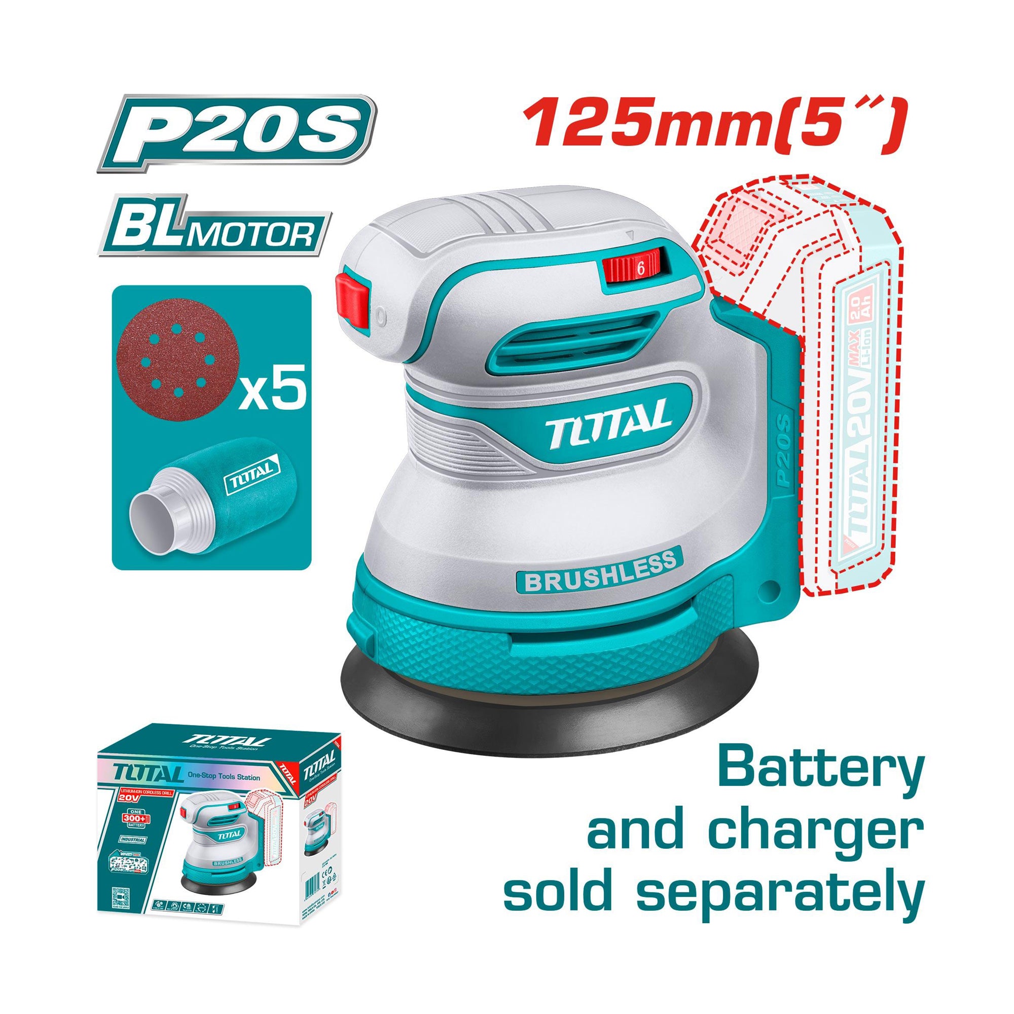 Total Li-Ion 20V Cordless Random Orbit Sander (Battery Not Included) - TROSLI2002