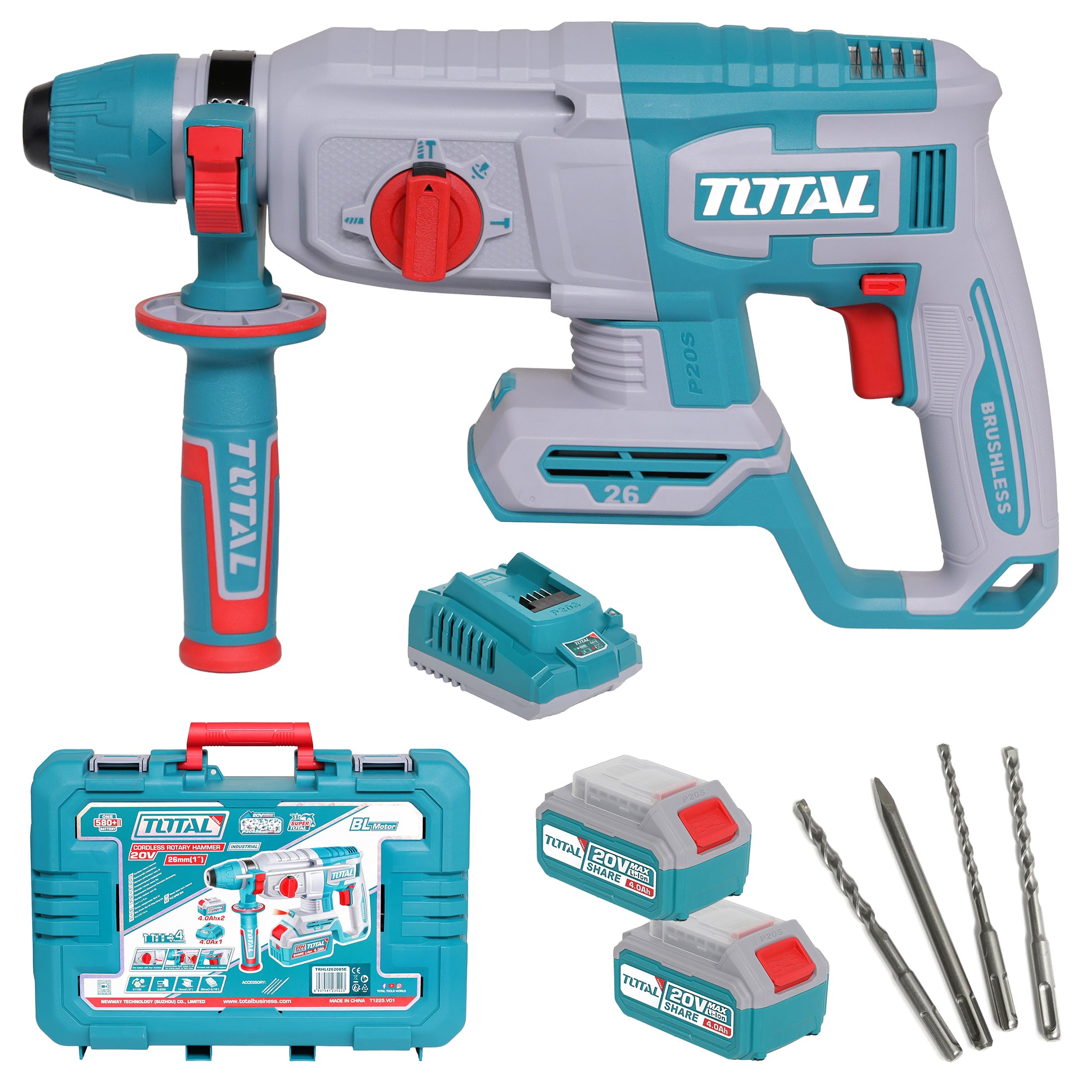 Total Li-Ion 20V Rotary Hammer (with 2 Batteries & Charger) - TRHLI262085E