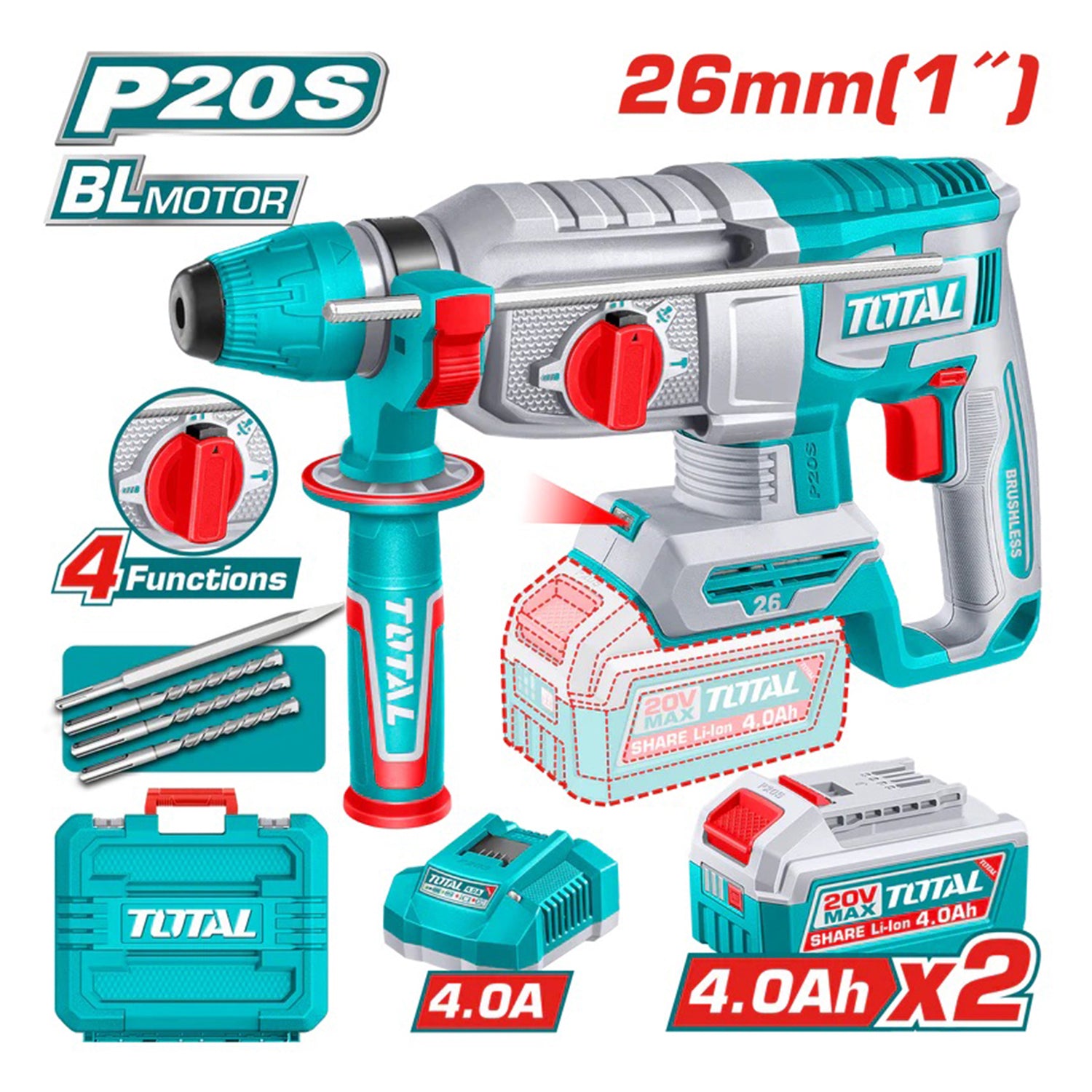 Total Li-Ion 20V Rotary Hammer (with 2 Batteries & Charger) - TRHLI262085E