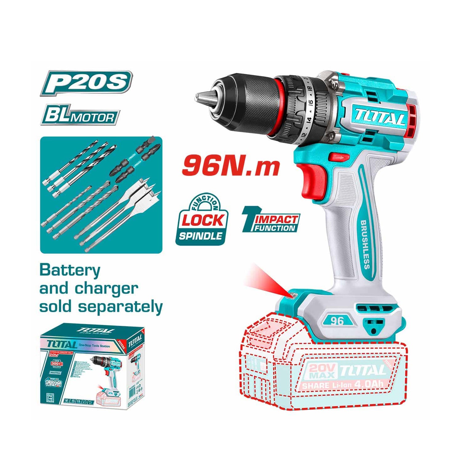 Total Li-Ion 20V Brushless Cordless Impact Drill (Battery not included) - TIDLI209681