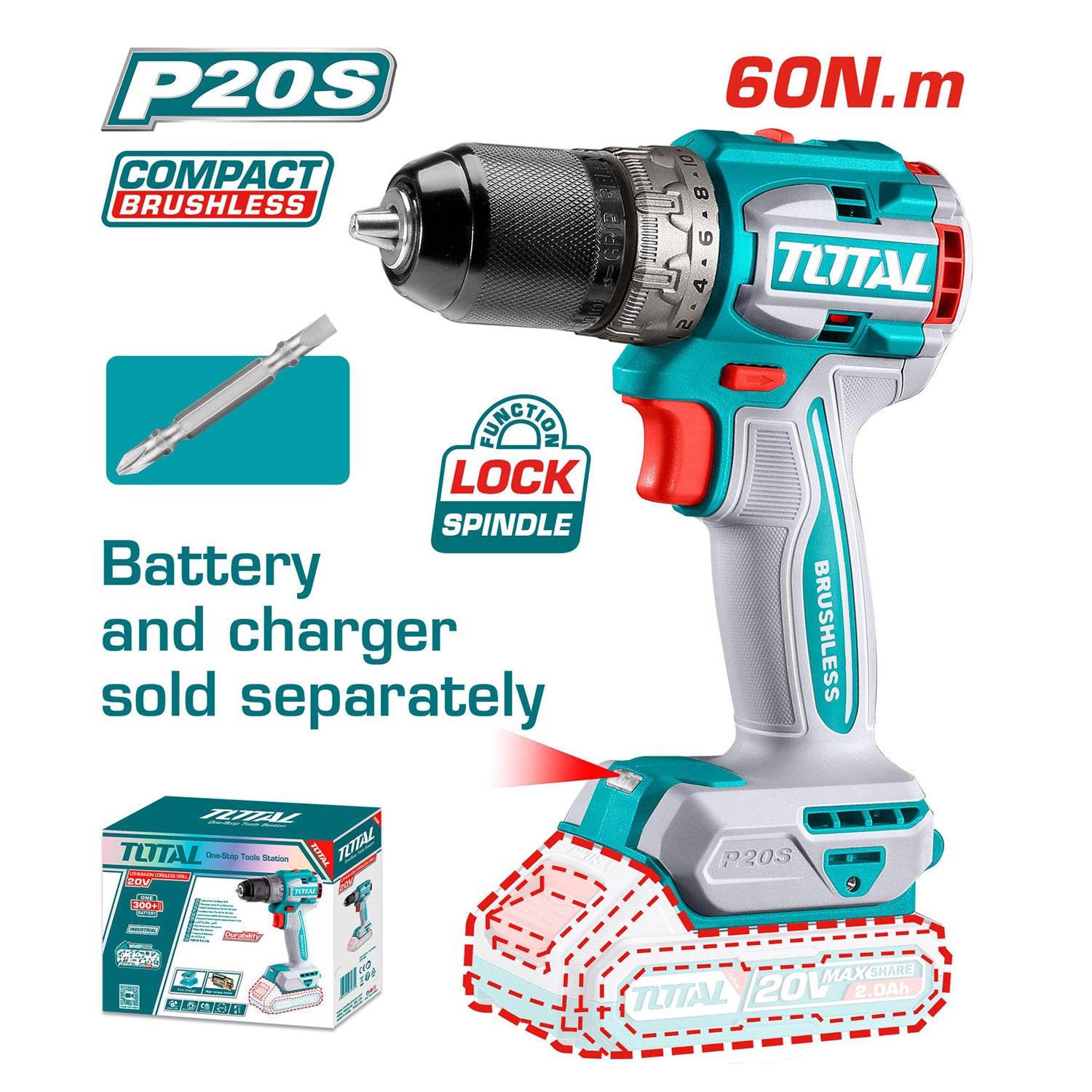 Total Li-Ion 20V Compact Brushless Cordless Drill (Battery not included) - TDLI206021