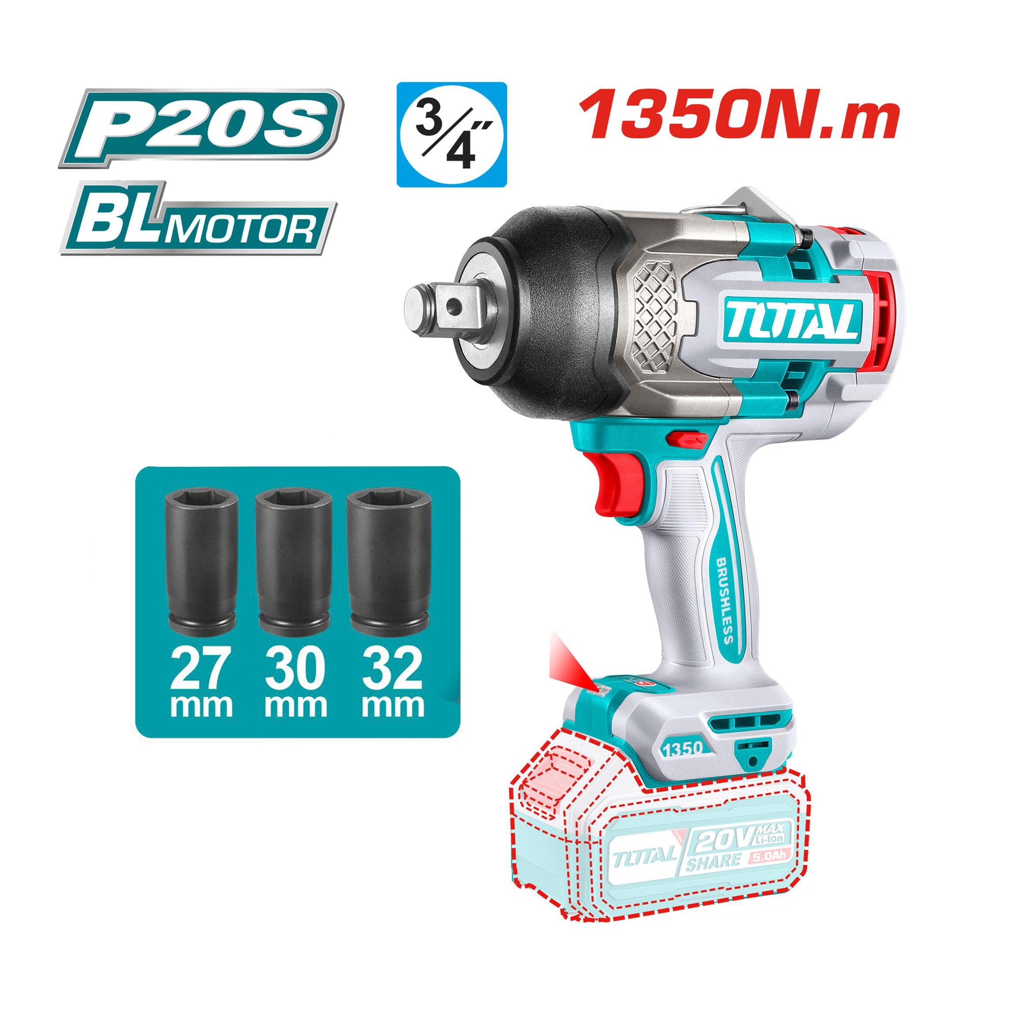 Total Li-Ion 20V Cordless Impact Wrench (with 2 x Batteries & Charger) - TIWLI20135E