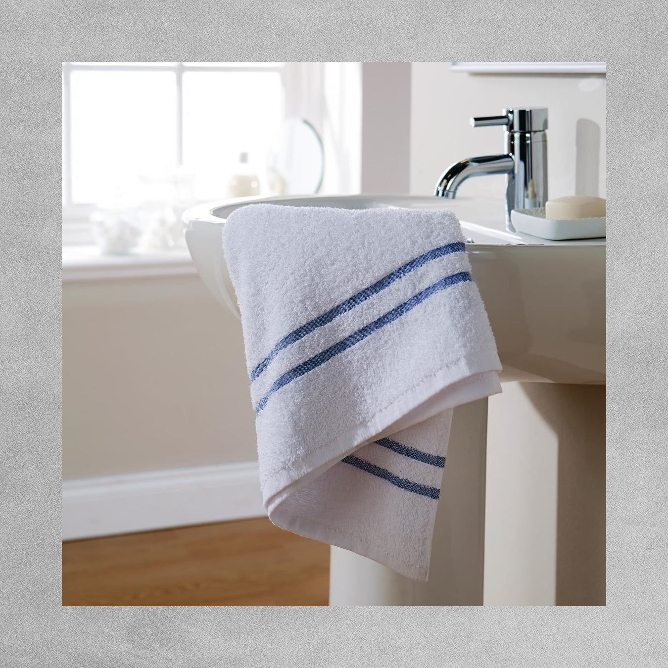 White Bath / Gym Towel with Blue Stripes