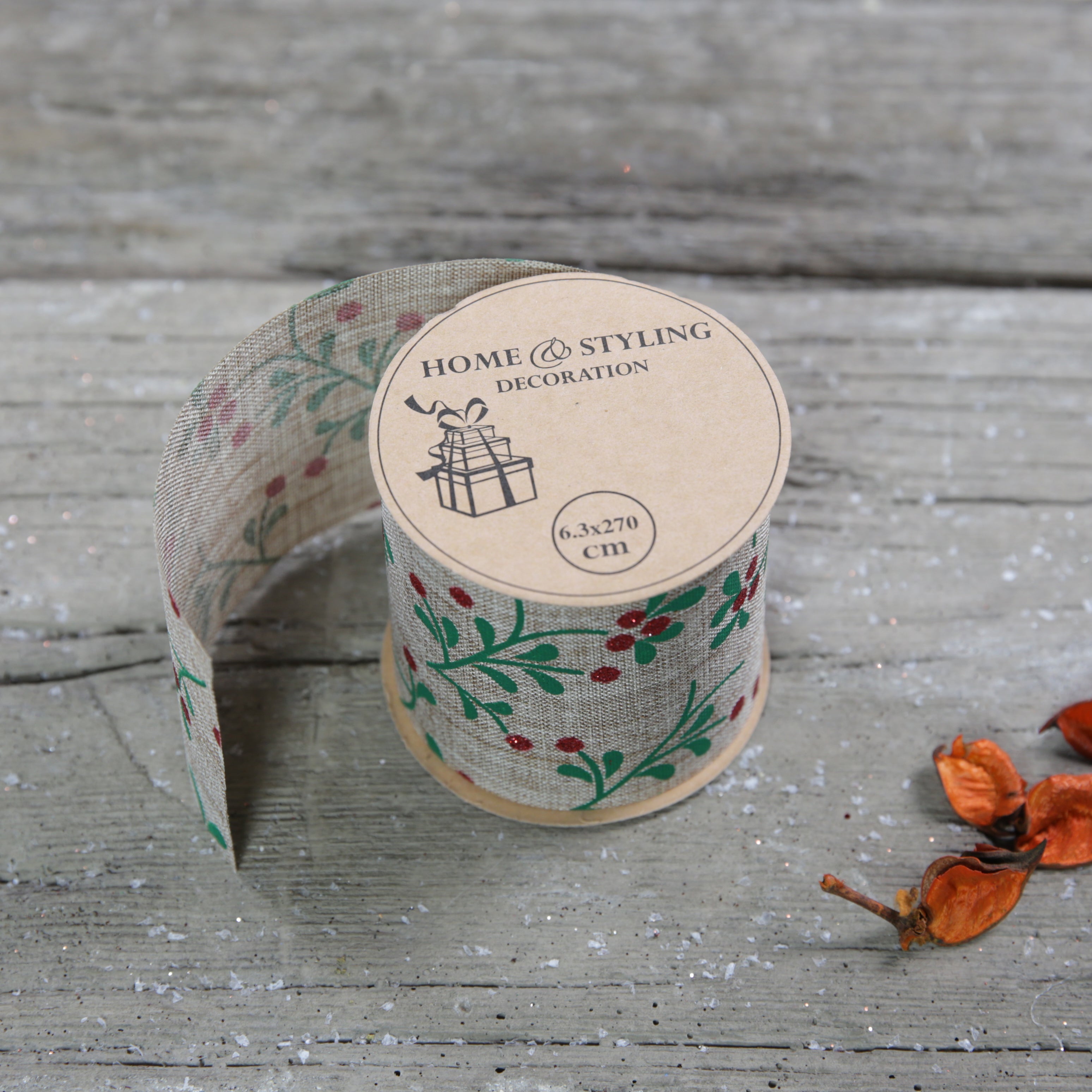 Christmas Berry Print Rustic Ribbon 2.7m Natural - 2 Sizes Available