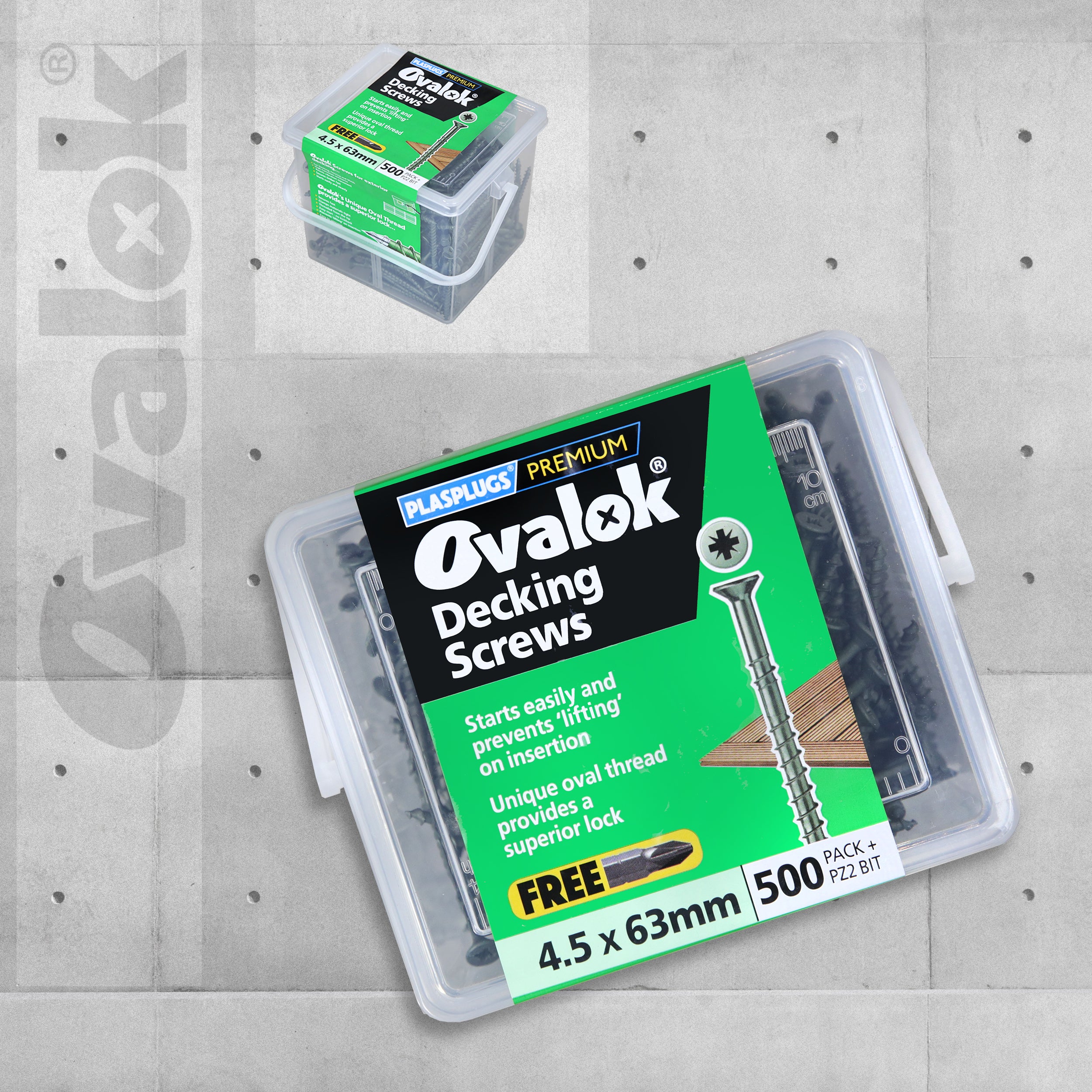Plasplugs Ovalok Decking Screws 4.5 x 63mm Green with Free PZ2 Bit - Pack of 500