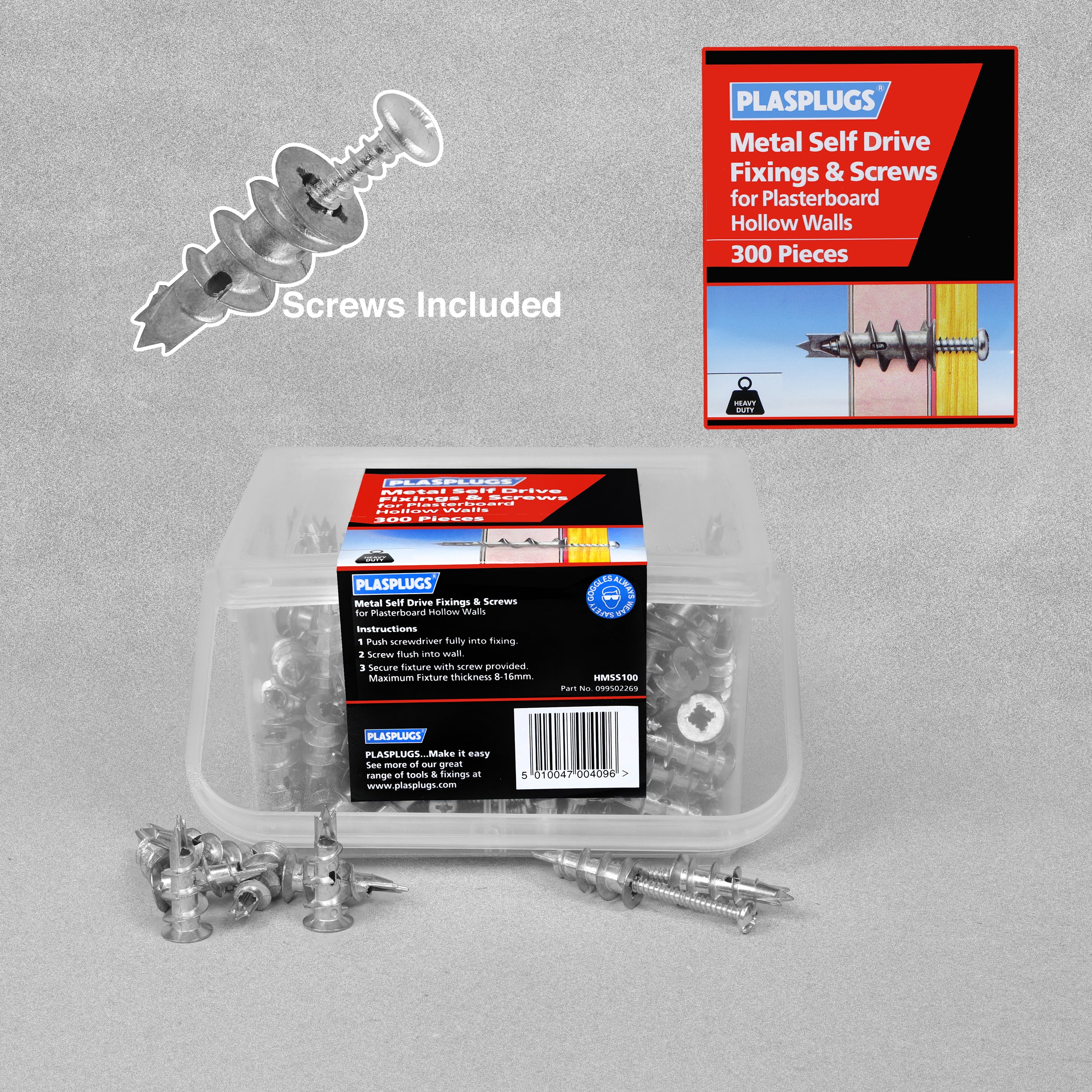 Plasplugs Metal Self Drive Fixings & Screws - 300 pieces (150 screws/150 plugs)