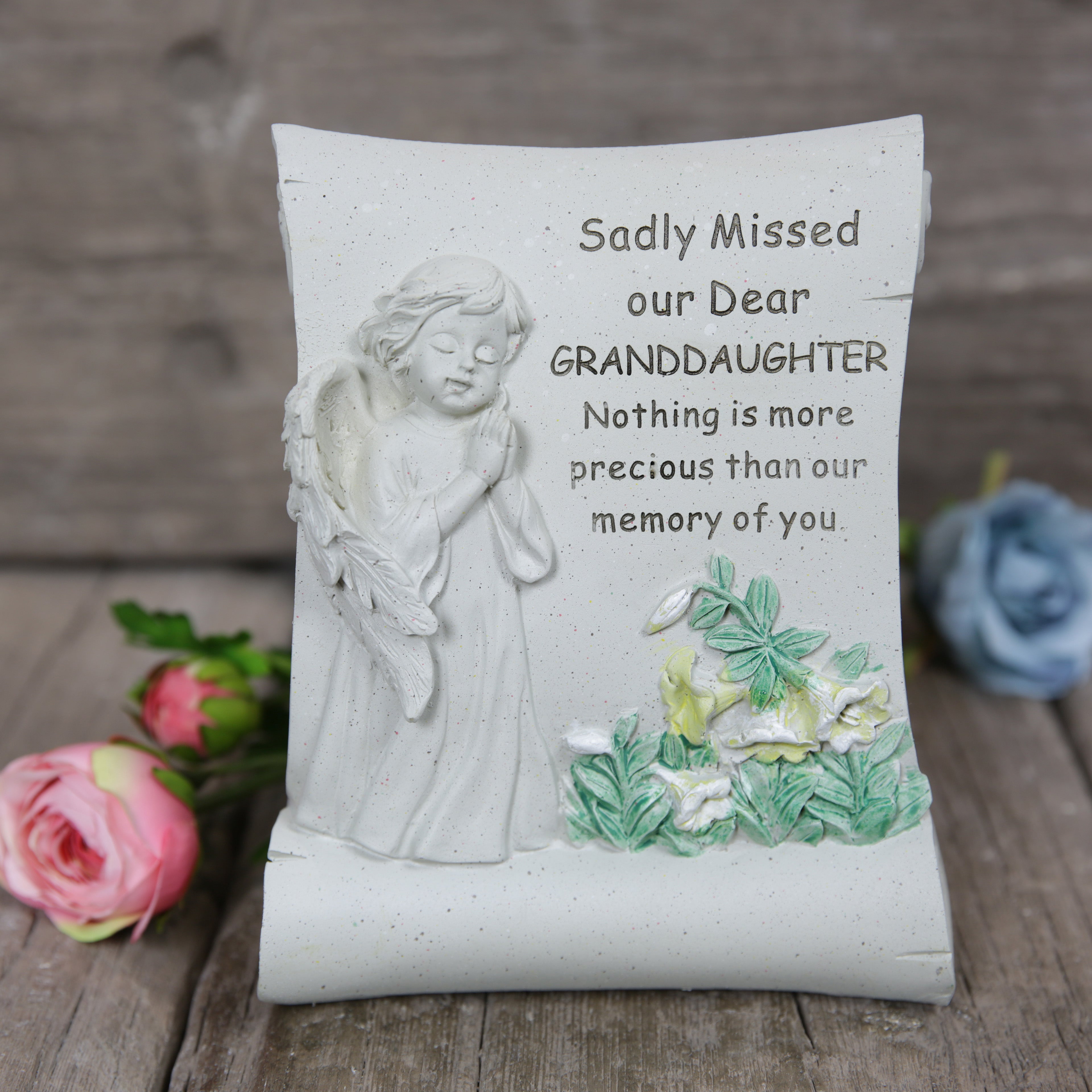 David Fischhoff Grave Memorial Cherub Scroll Stone Effect Ornament - Granddaughter