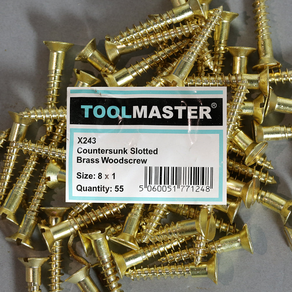 Toolmaster Countersunk Slotted Brass Wood Screw 8 x 1