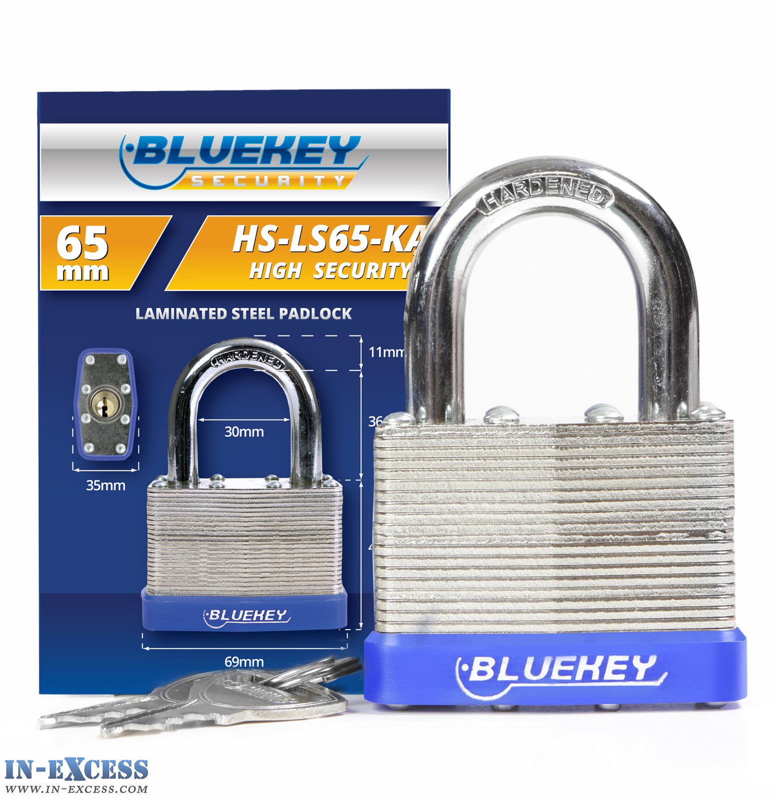5x Bluekey Heavy Duty Laminated Steel Keyed Alike 65mm Padlocks HS-LS65-KA