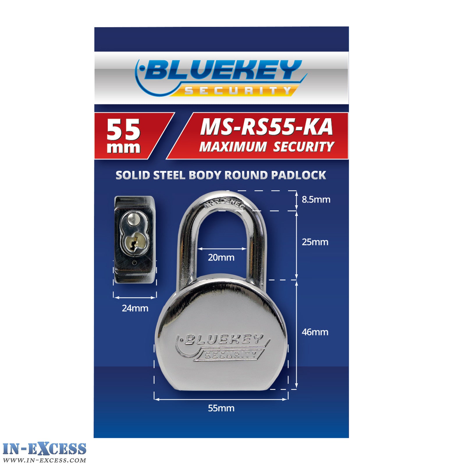 5x Bluekey Maximum Security Solid Steel Body Round Keyed Alike 55mm Padlocks MS-RS55-KA