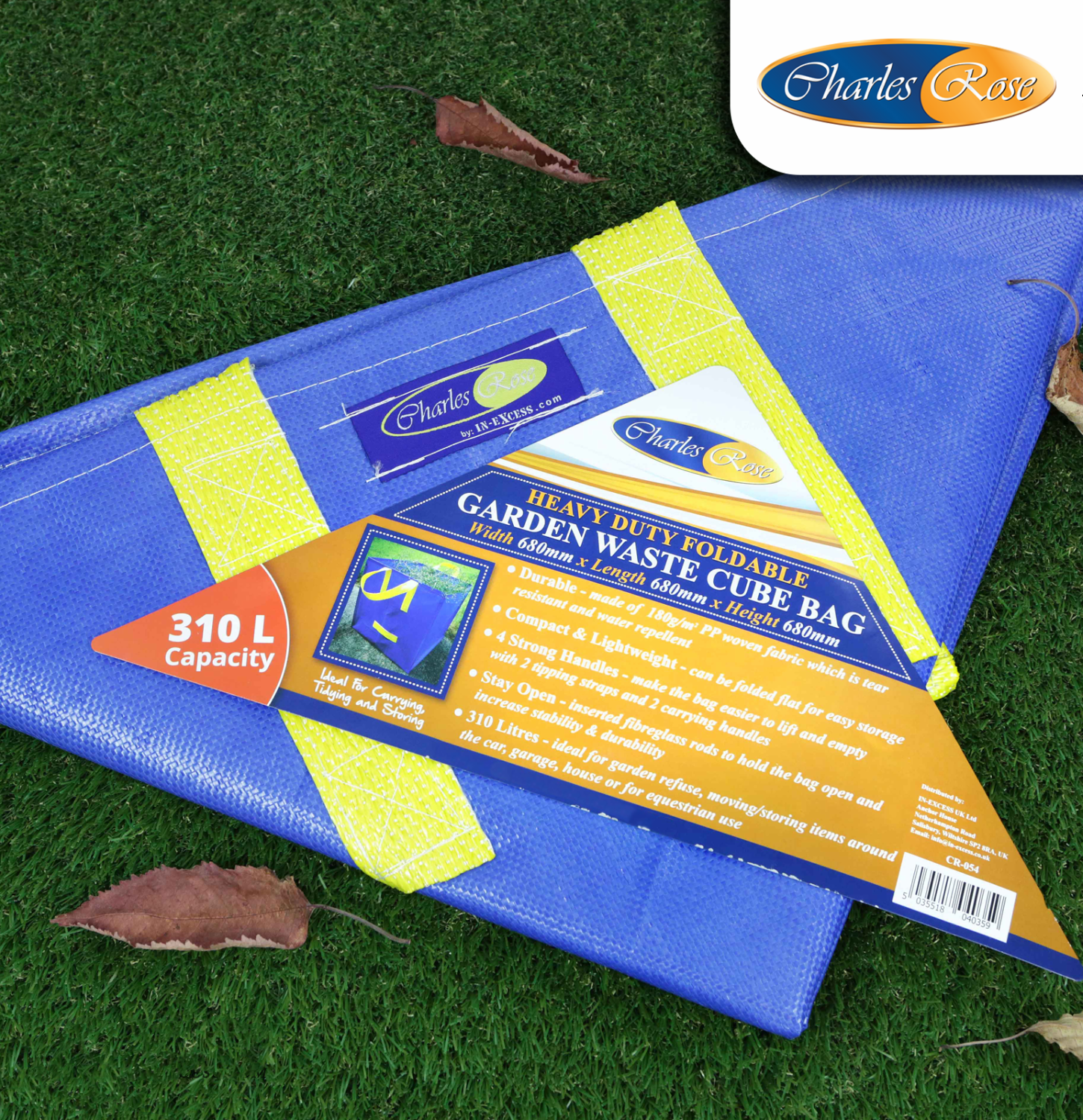 Blue garden waste cube bag with yellow and orange text on a grass background, featuring the Charles Rose brand.
