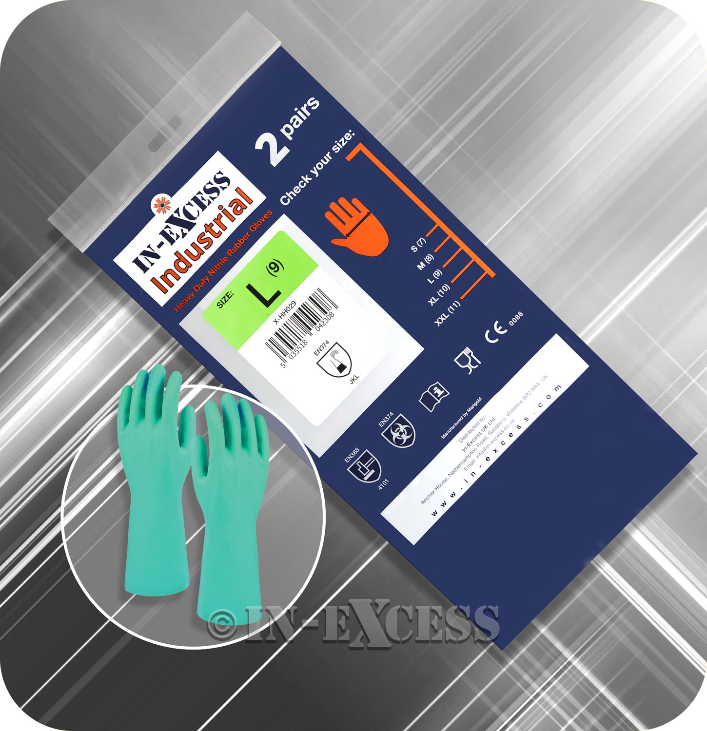 In-Excess Industrial Heavy Duty EN388 & EN374 Nitrile Rubber Gloves - 2 Pairs of Green Gloves