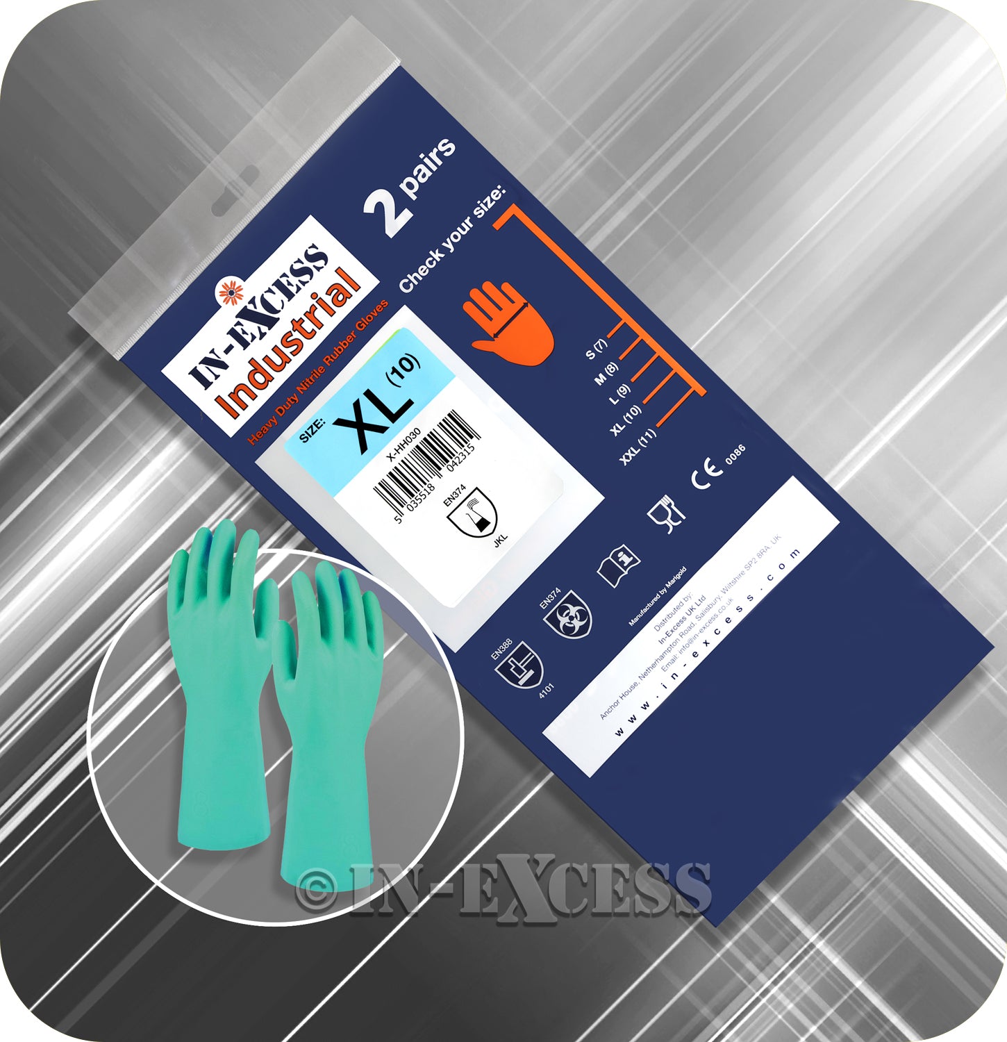 In-Excess Industrial Heavy Duty EN388 & EN374 Nitrile Rubber Gloves - 2 Pairs of Green Gloves