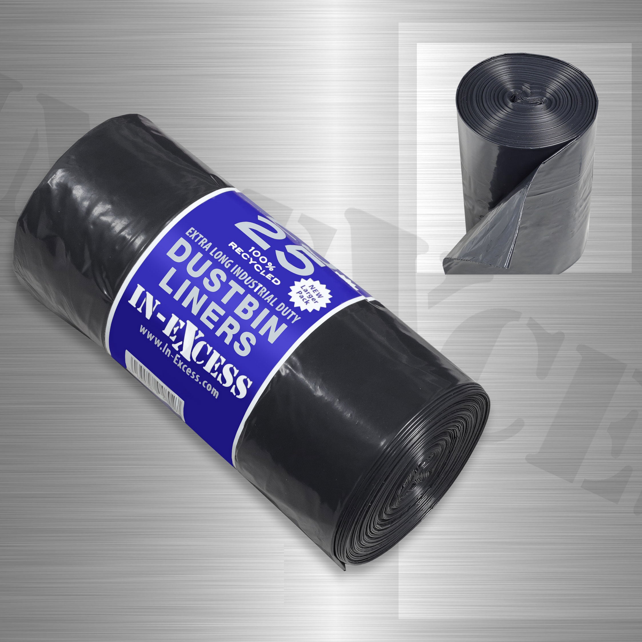 In-Excess Industrial Duty Extra Long Recycled Black Sack Dustbin Liner 90 Litres - Roll of 25