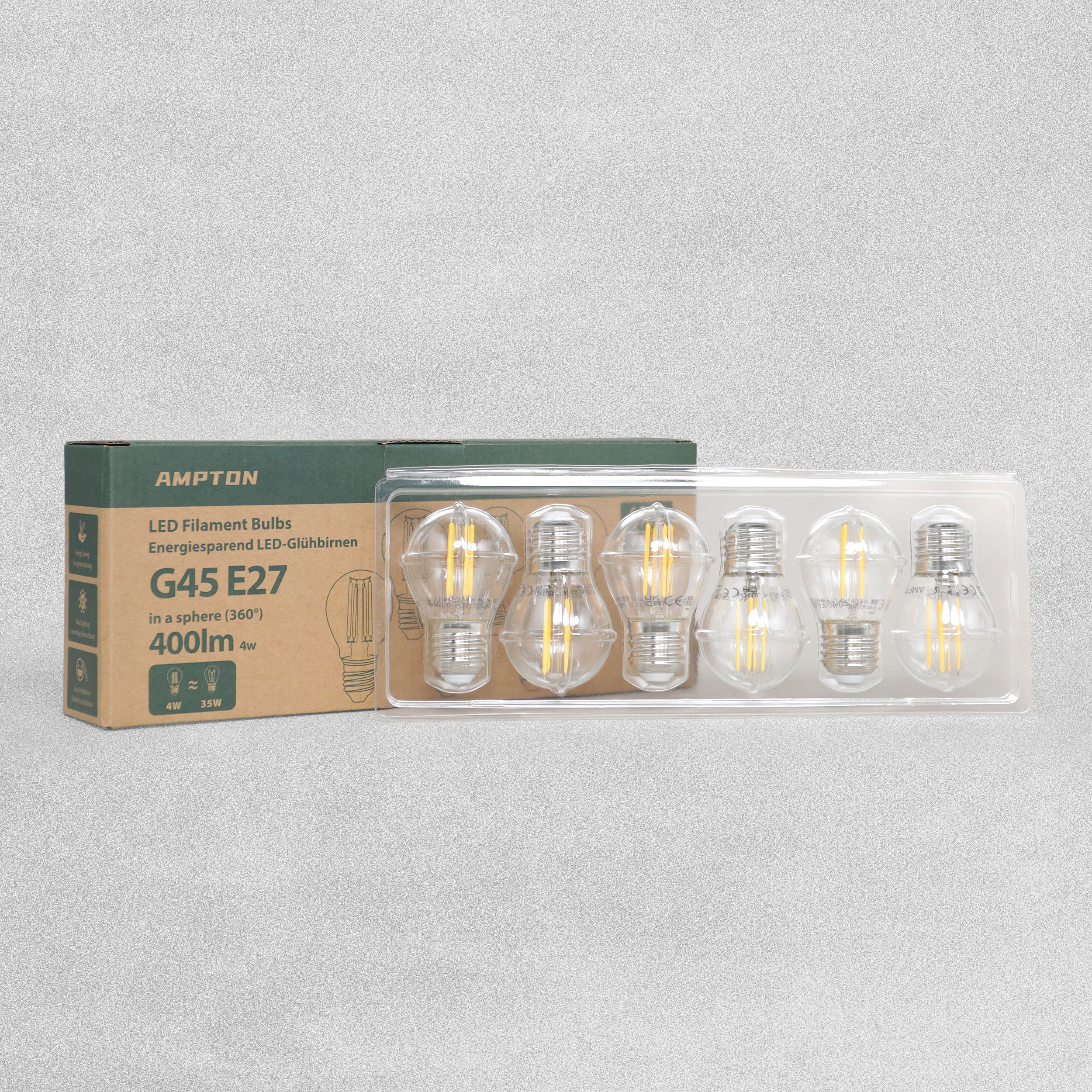 Ampton G45 E27 35W LED Filament Bulbs 400 Lumens - Pack of 6 screw in light bulbs