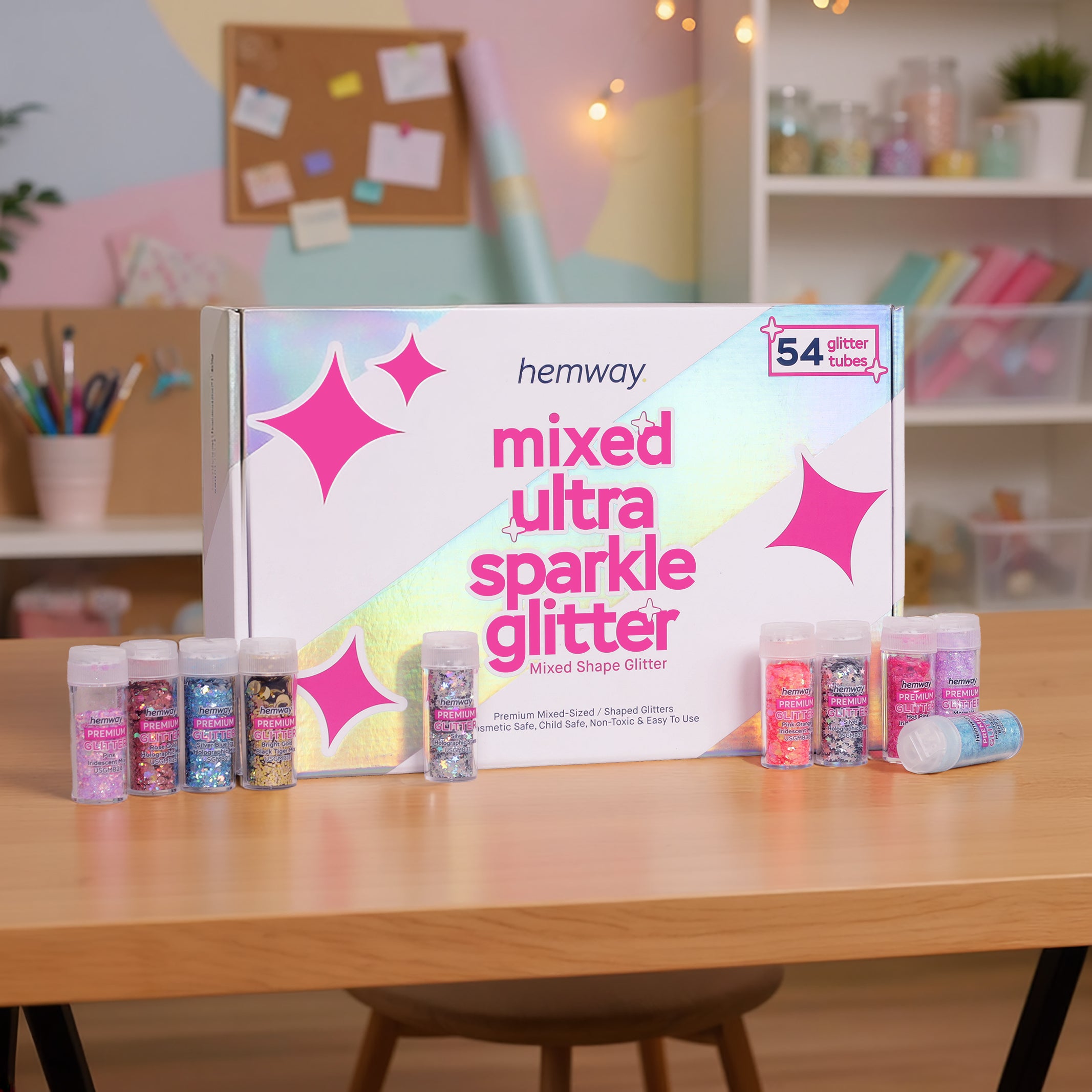 Hemway Set of 54 ULTRA SPARKLE Glitter Tubes - Premium MIXED SIZE & SHAPE Multipurpose Glitter