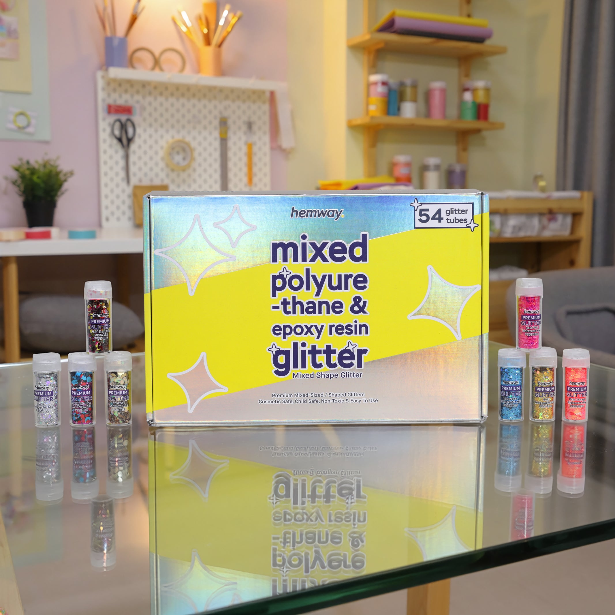 Hemway Set of 54 Glitter Tubes - Premium MIXED SIZE & SHAPE Multipurpose Glitter