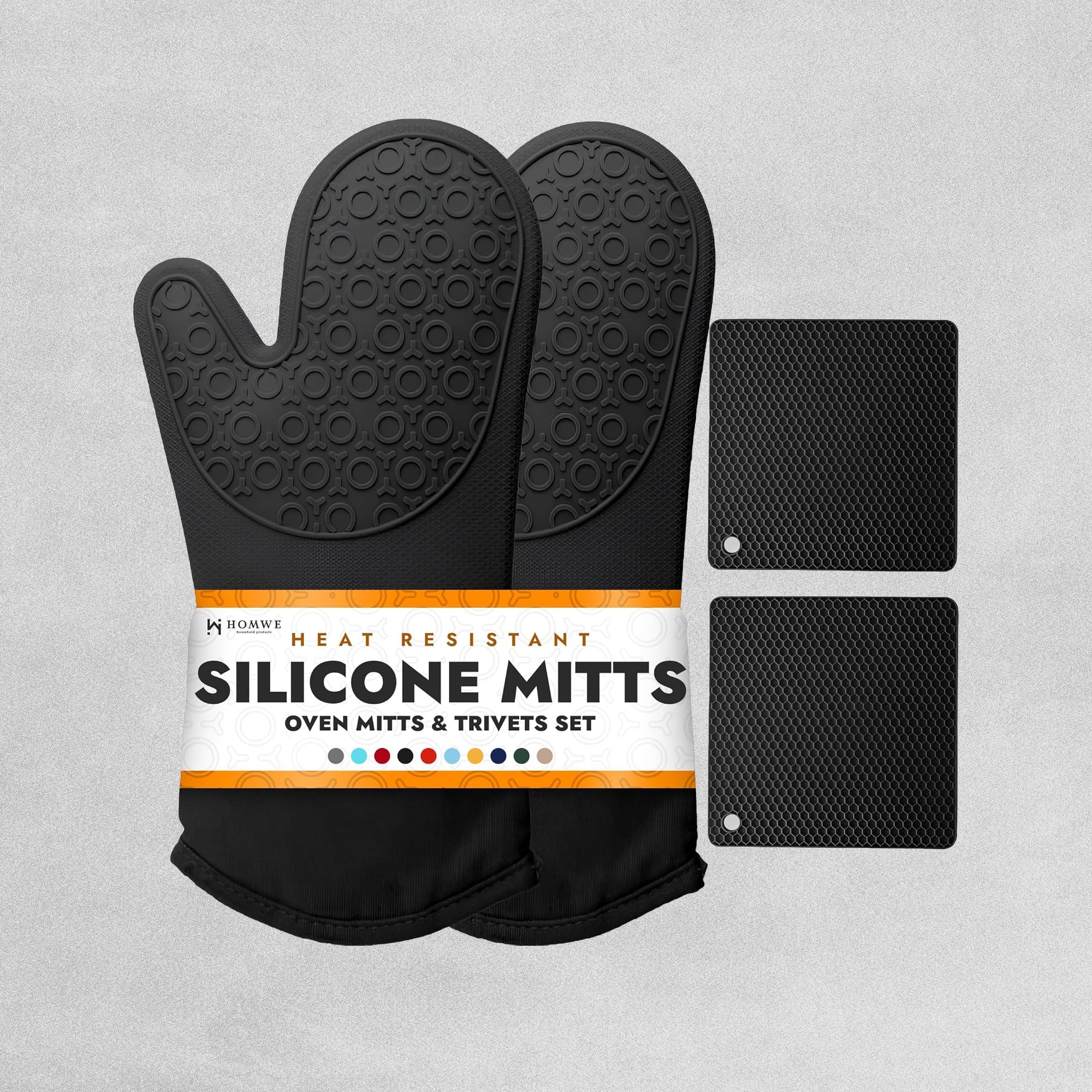 Silicone Oven Mitts and Pot Holders - 4 piece set in black