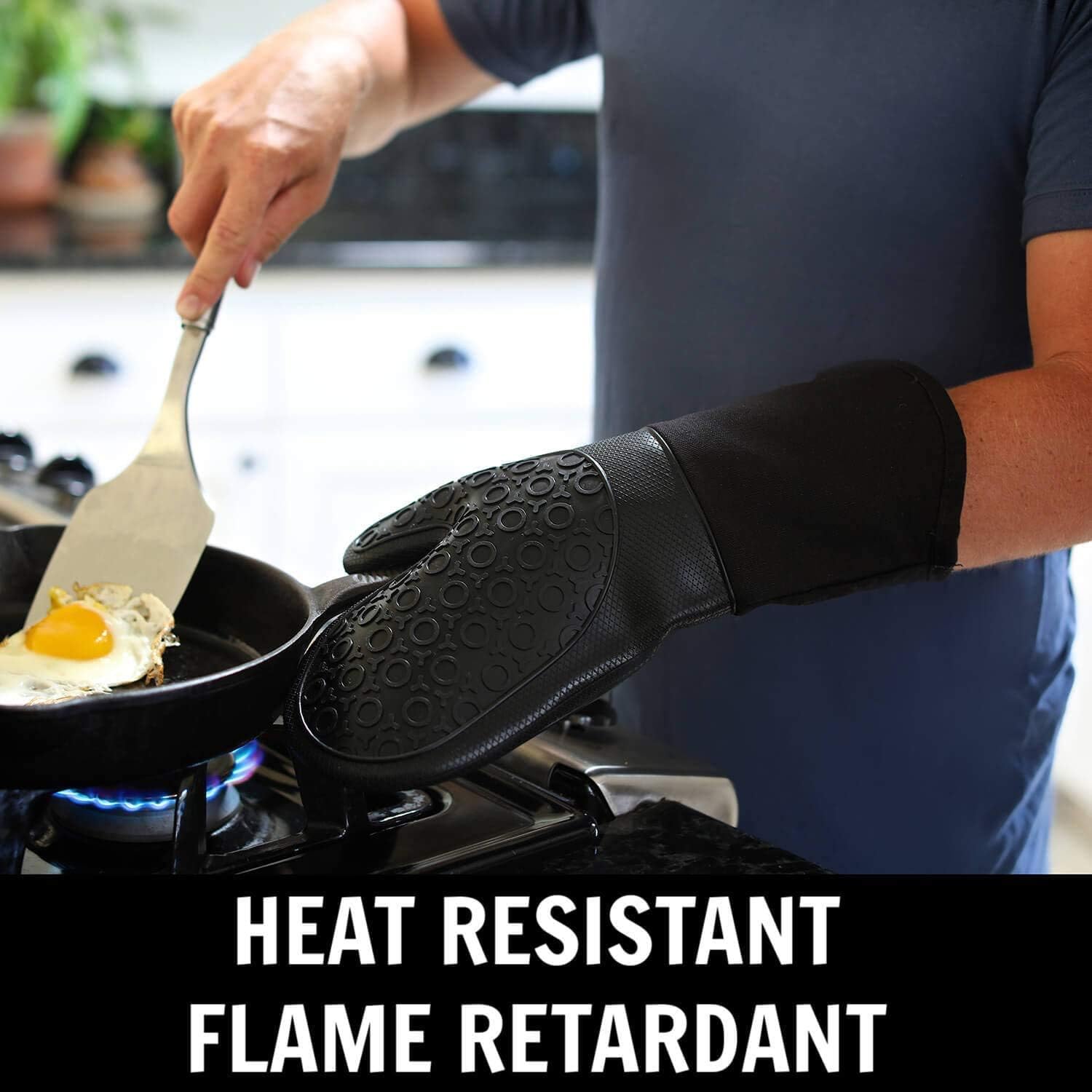 Silicone Oven Mitts and Pot Holders - 4 piece set in black