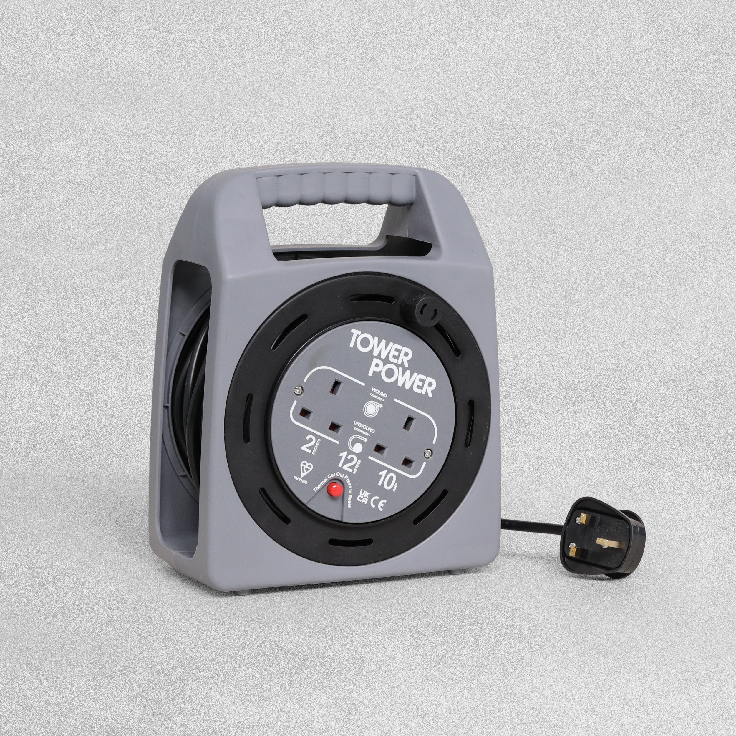 Tower Power 2 Socket  10 Amp Extension Cable Reel Case with Thermal Safety Cut Out