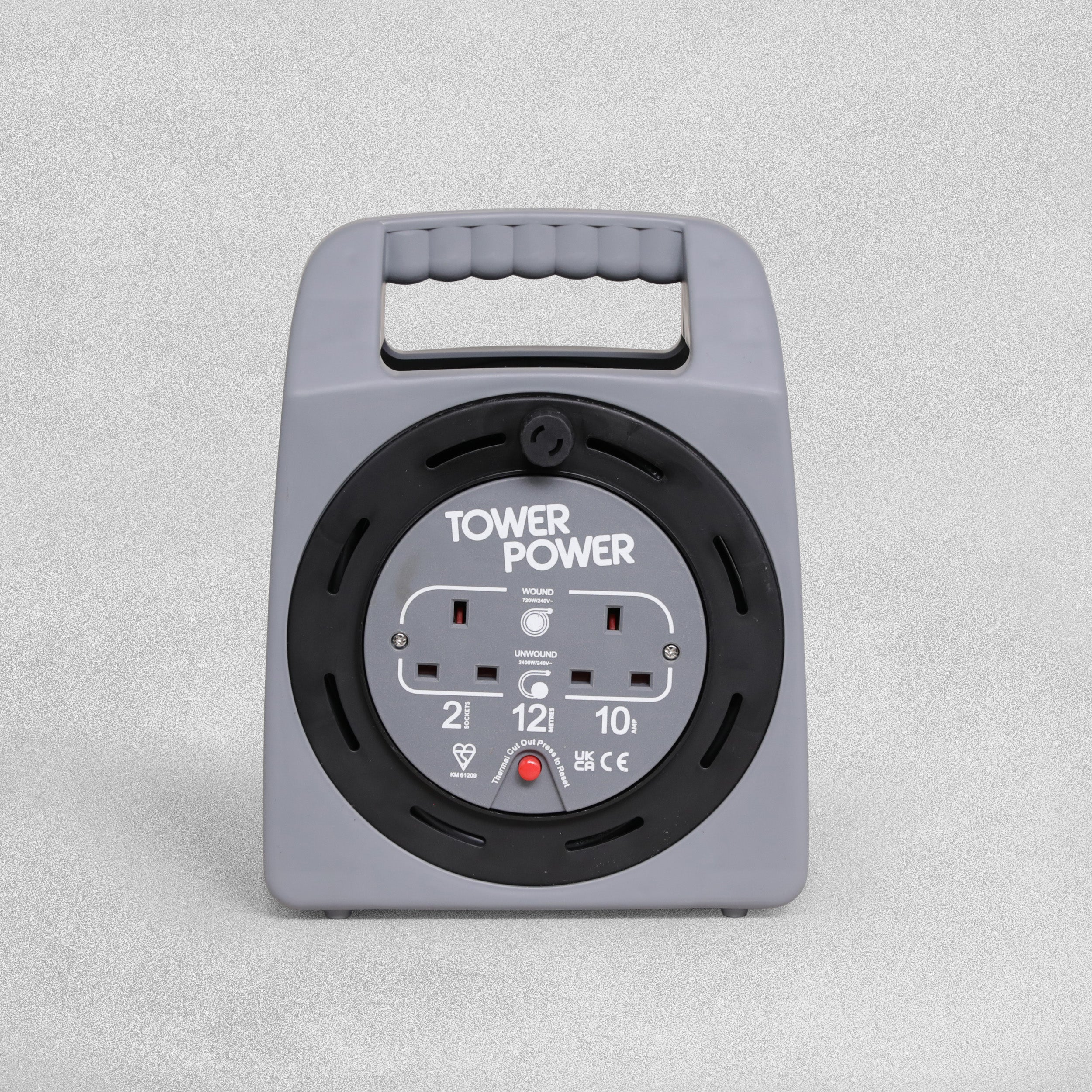 Tower Power 2 Socket  10 Amp Extension Cable Reel Case with Thermal Safety Cut Out