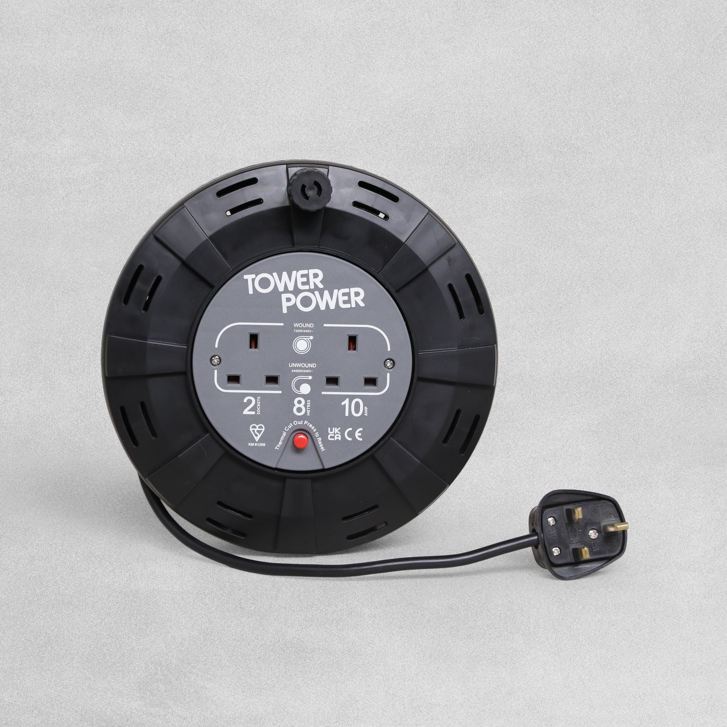 Tower Power 2 Socket 10 Amp Extension Cable Reel Casette with Thermal Safety Cut Out
