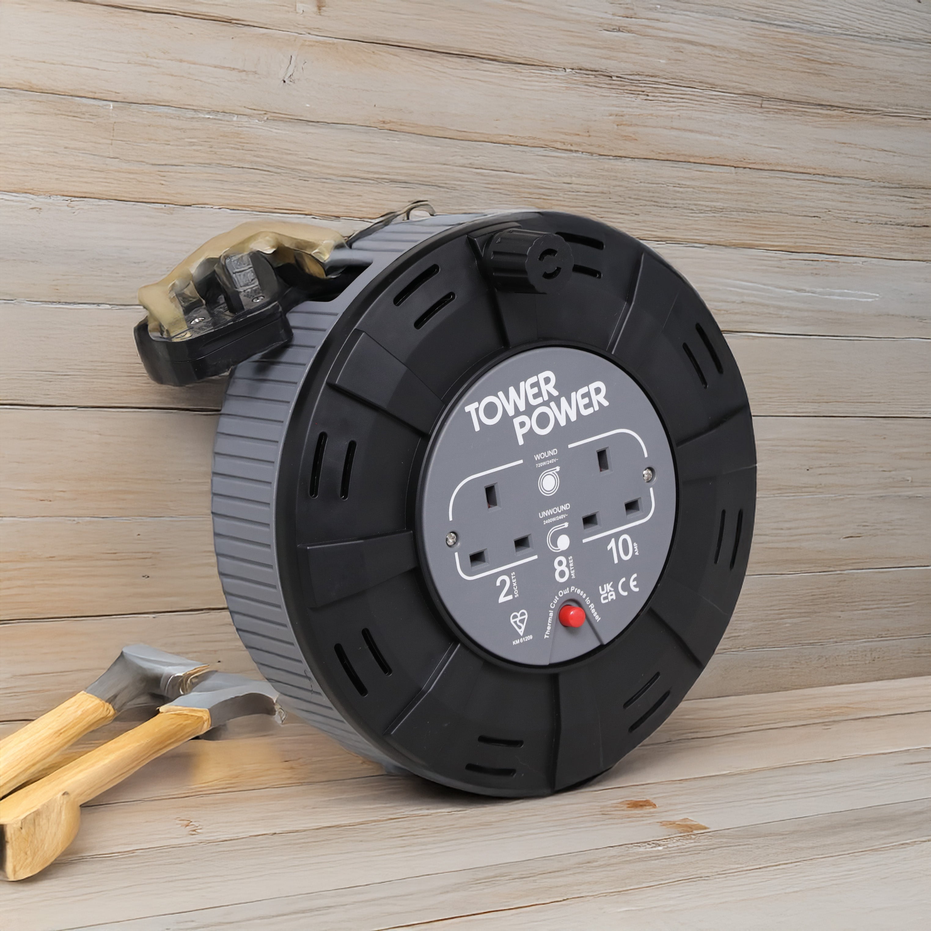Tower Power 2 Socket 10 Amp Extension Cable Reel Casette with Thermal Safety Cut Out