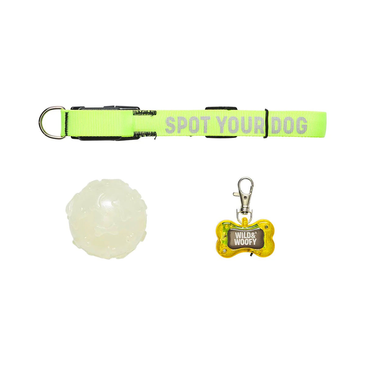 Wild & Woofy Glow in The Dark Dog Walking Kit- Light Up Collar and Glow in the Dark Ball.