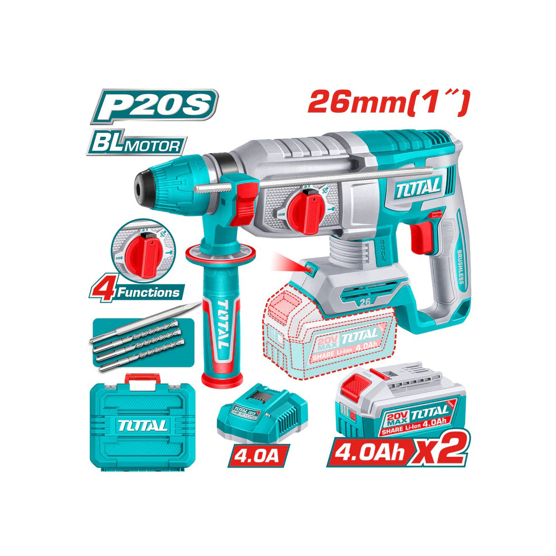 Total Li-Ion 20V Rotary Hammer (with 2 Batteries & Charger) - TRHLI262085E