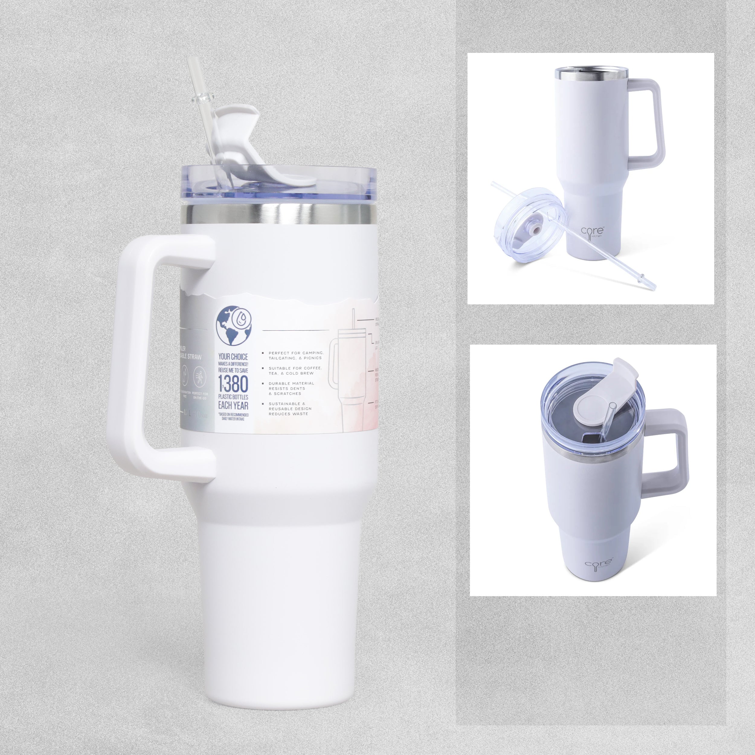 Core Kitchen Atlas 1.2L Stainless Steel Tumbler Cup with 2 in 1 Lid and Reusable Straw
