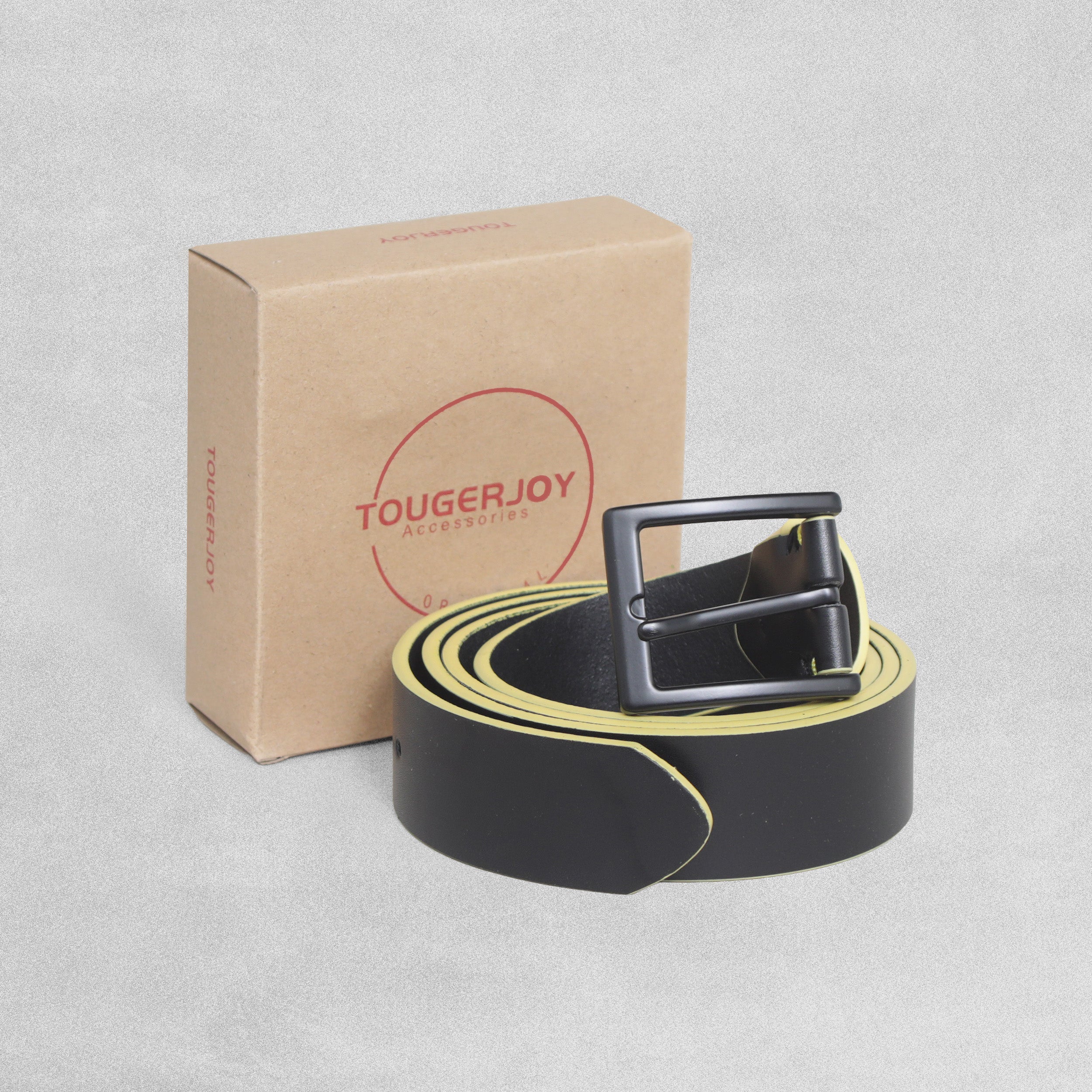 Tougerjoy Real Black Leather Mens Belt - Yellow Edging
