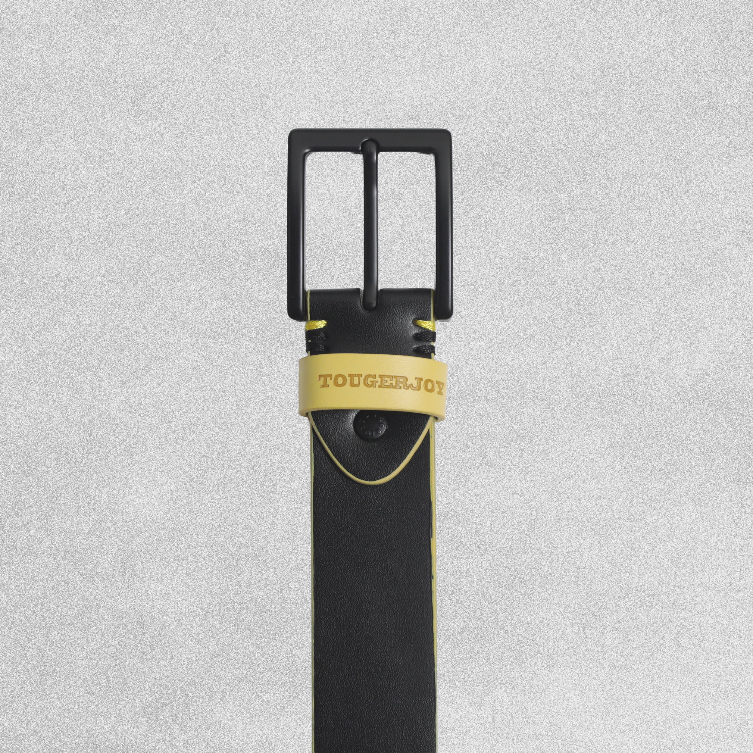 Tougerjoy Real Black Leather Mens Belt - Yellow Edging